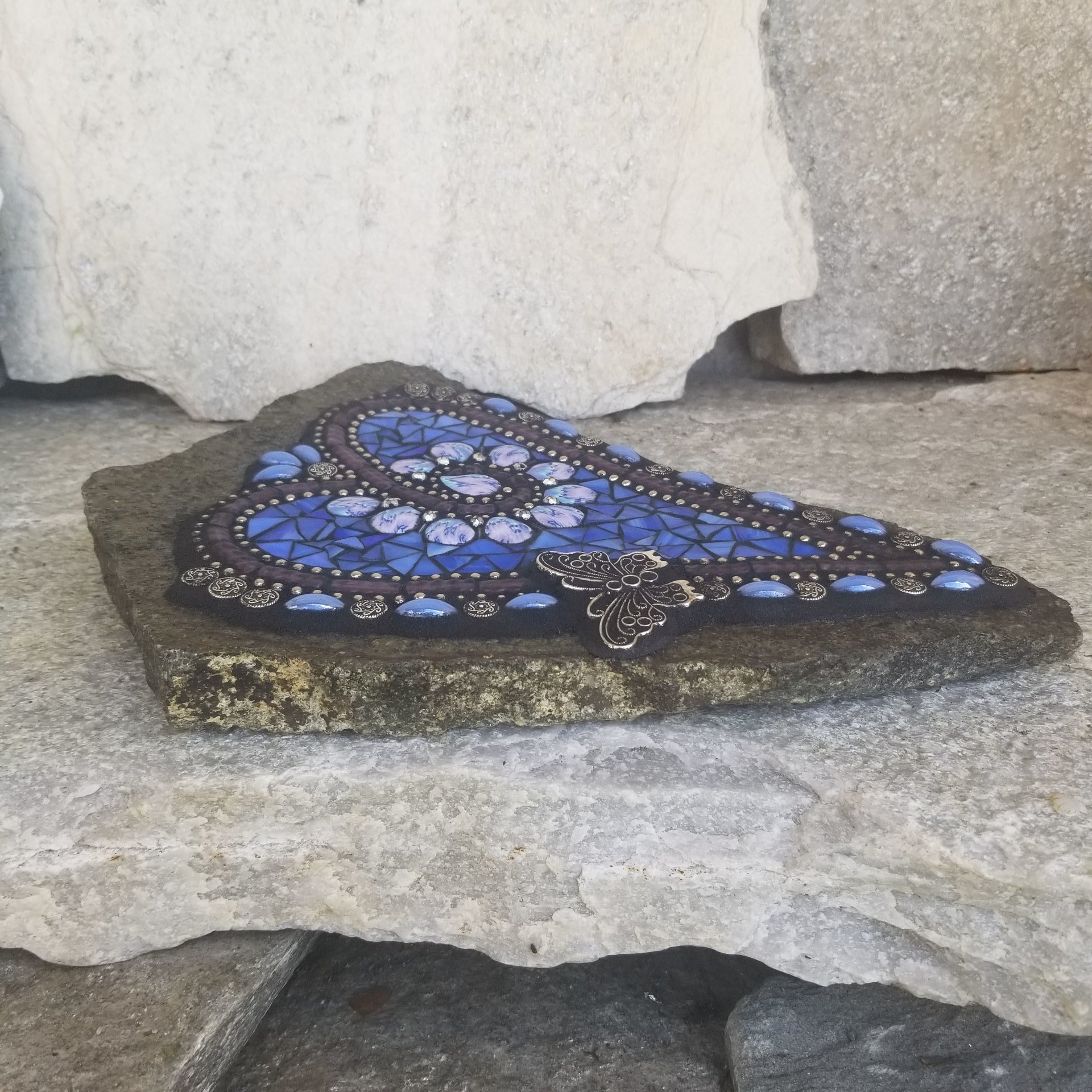  Medium Blue Mosaic Heart Garden Stone w/Flowers and a Butterfly