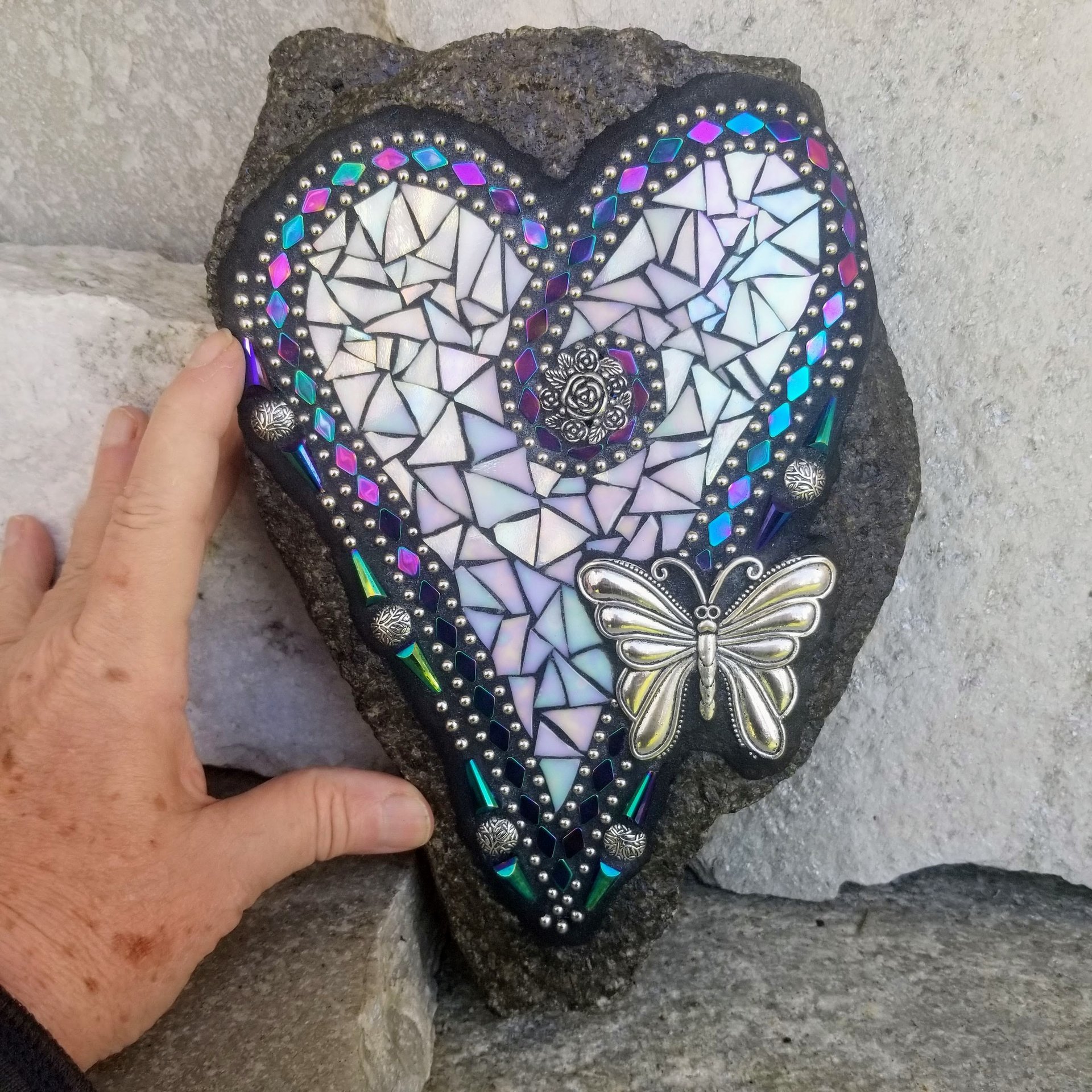 Iridescent White Mosaic Heart Garden Stone w/Large Butterfly 