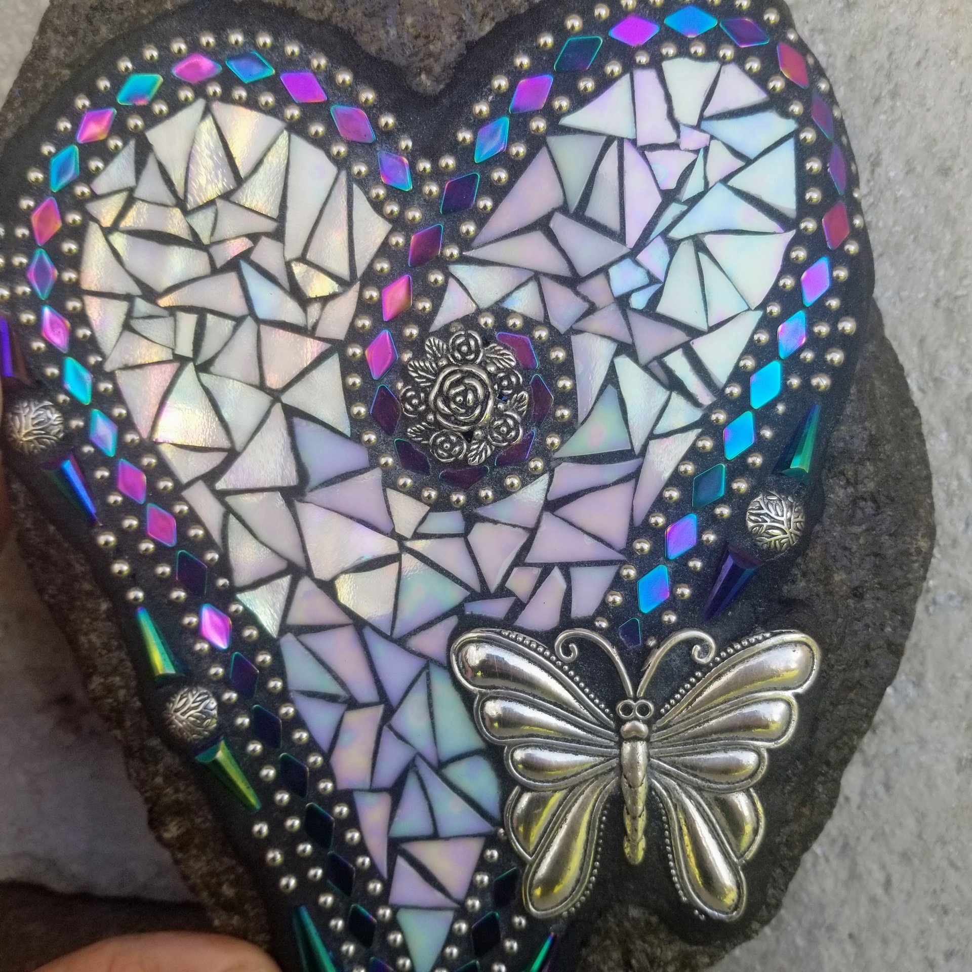 Iridescent White Mosaic Heart Garden Stone w/Large Butterfly 