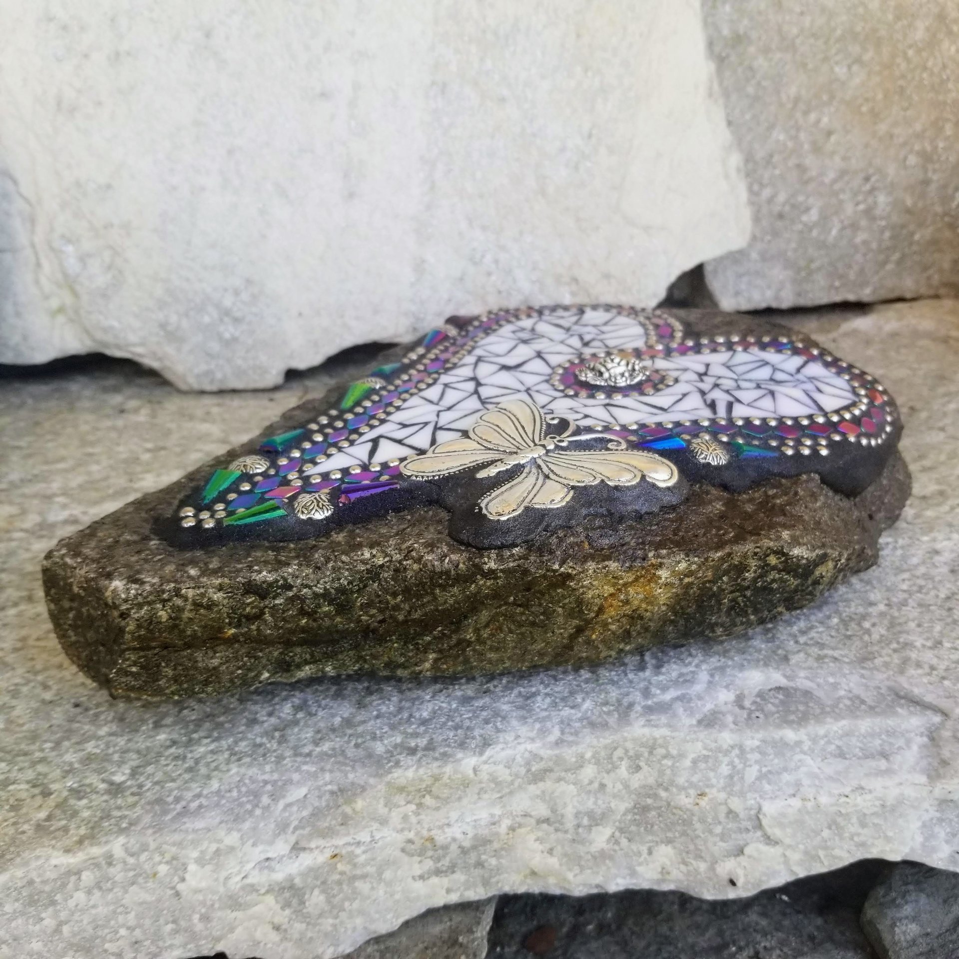 Iridescent White Mosaic Heart Garden Stone w/Large Butterfly 