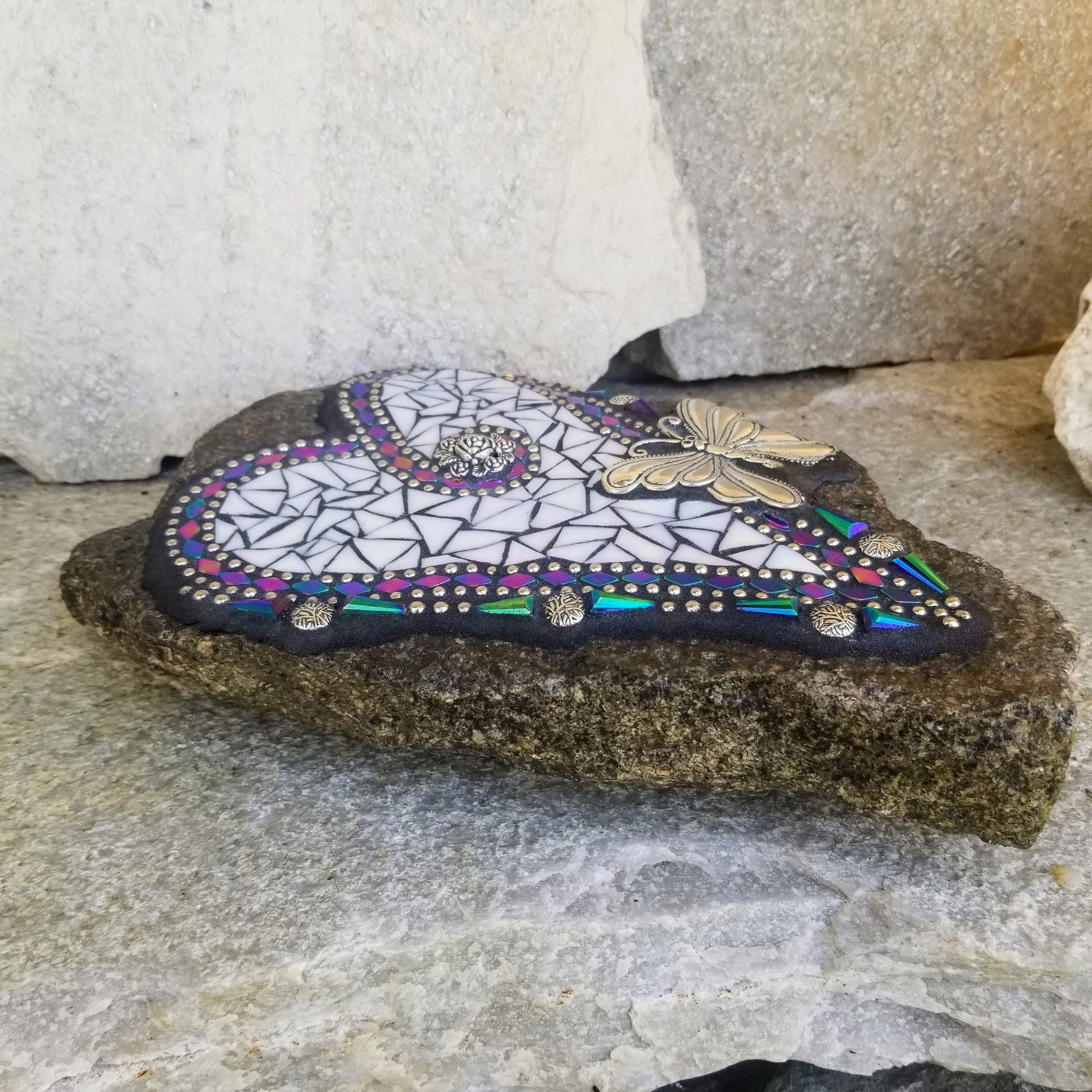 Iridescent White Mosaic Heart Garden Stone w/Large Butterfly 