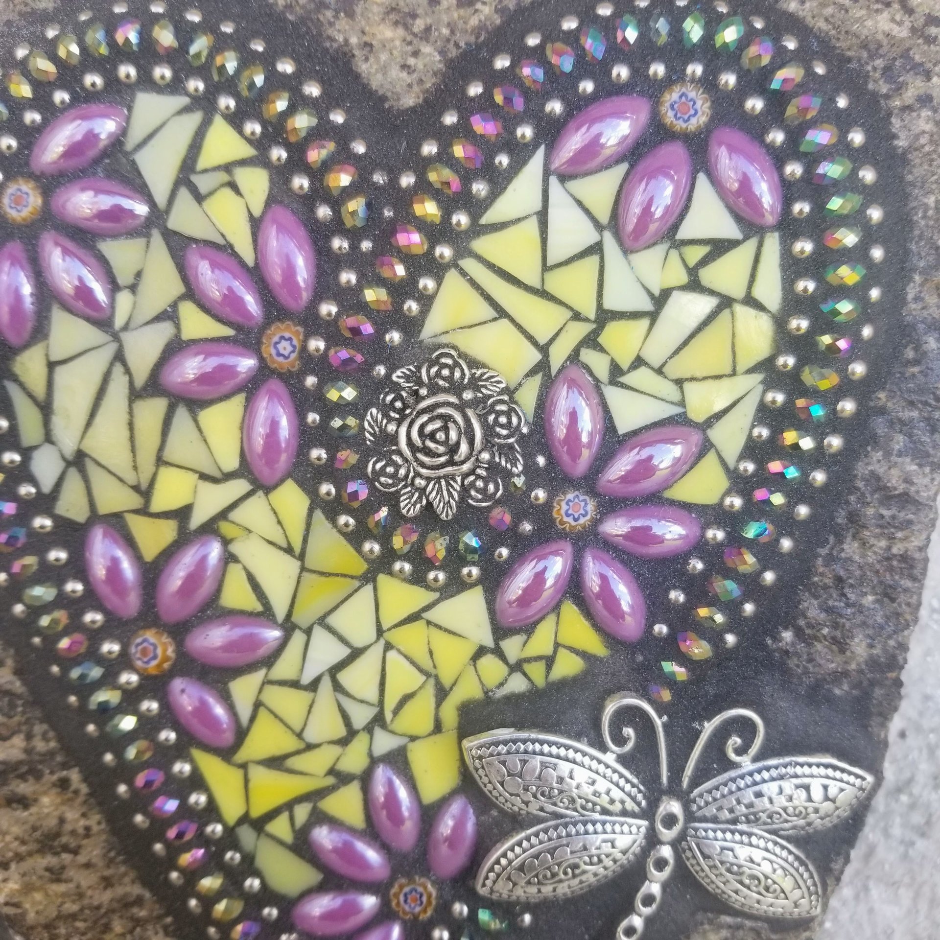 Yellow Mosaic Heart Garden Stone, Mosaic Garden Decor Purple Flowers