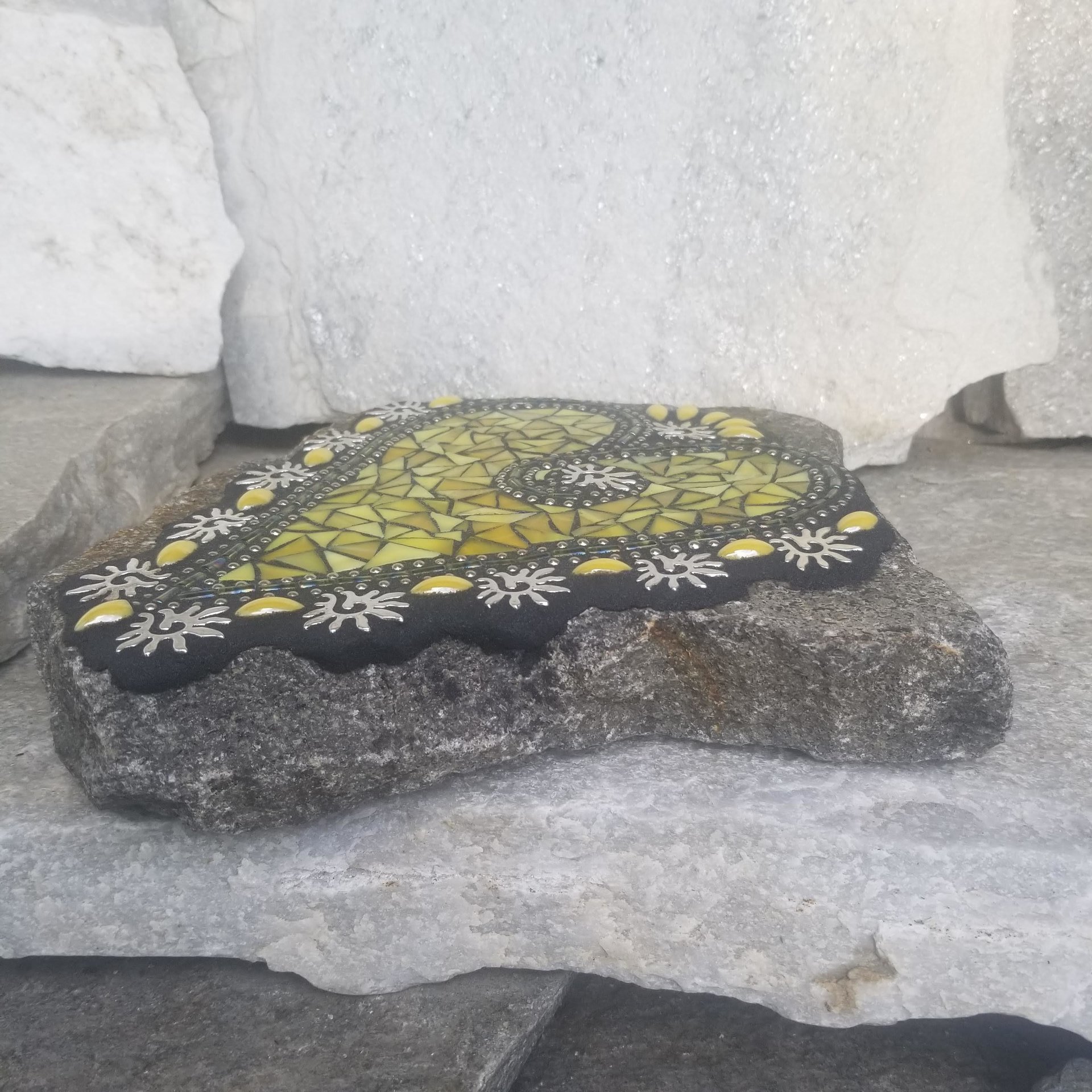 Sun Yellow Mosaic Heart Garden Stone, Mosaic Garden Decor  