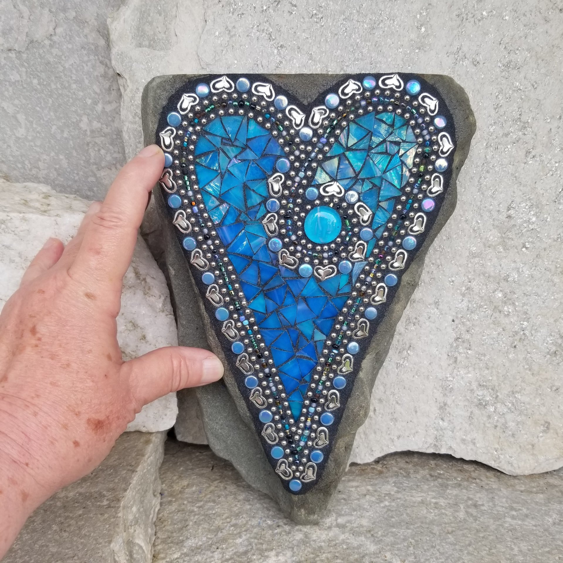Iridescent Blue Mosaic Heart, Garden Stone, Garden Decor