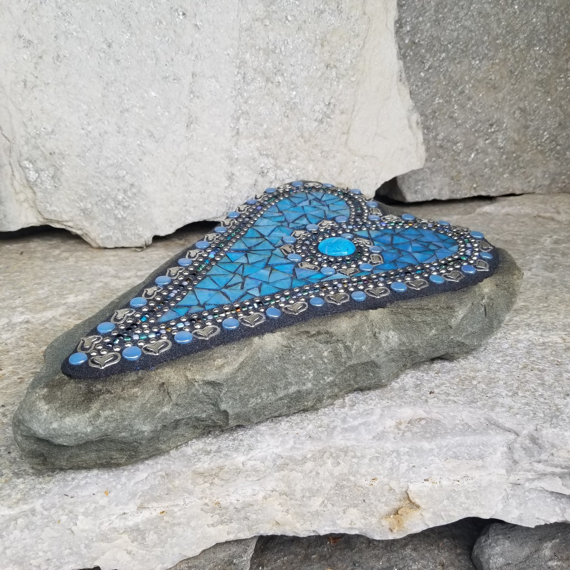 Iridescent Blue Mosaic Heart, Garden Stone, Garden Decor