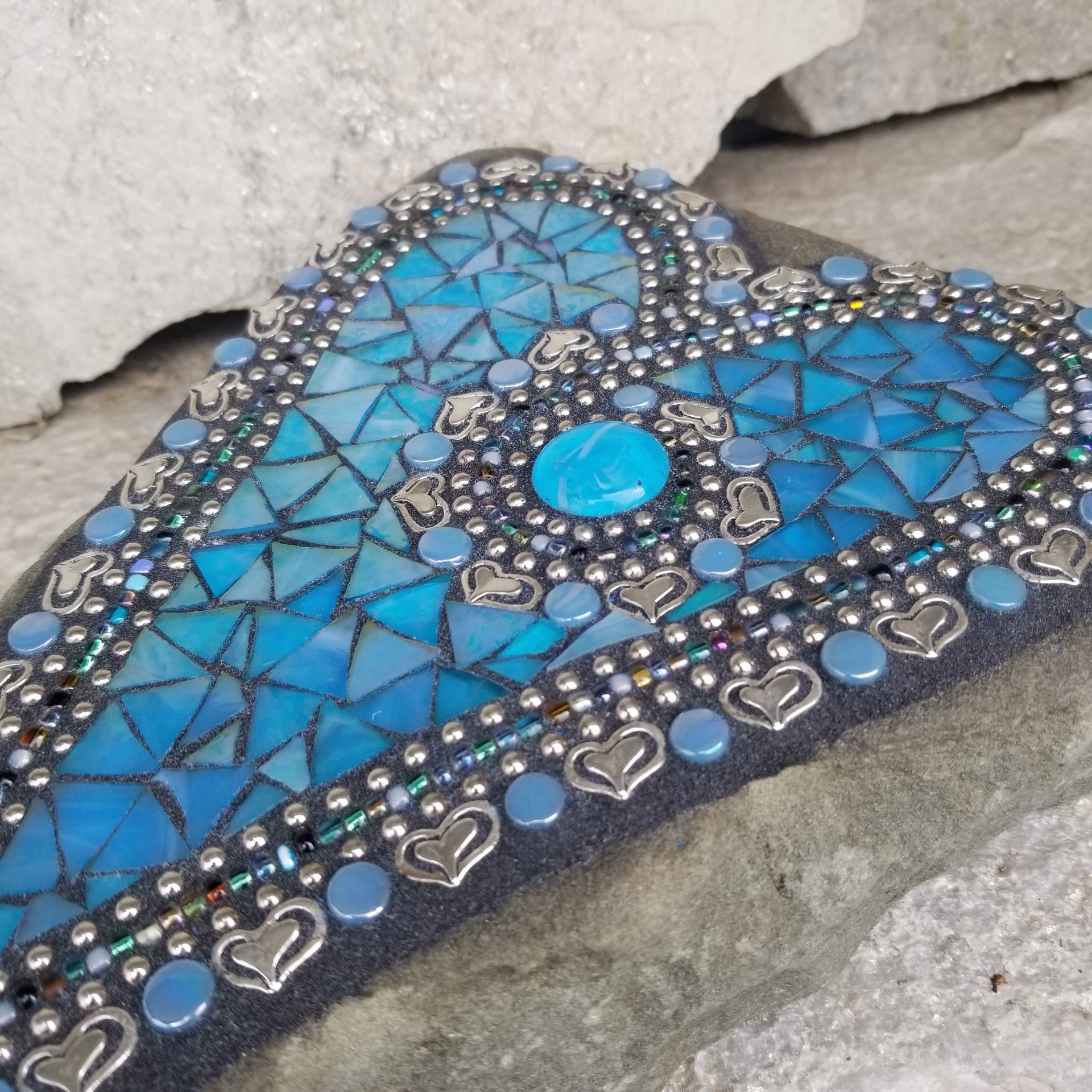 Iridescent Blue Mosaic Heart, Garden Stone, Garden Decor