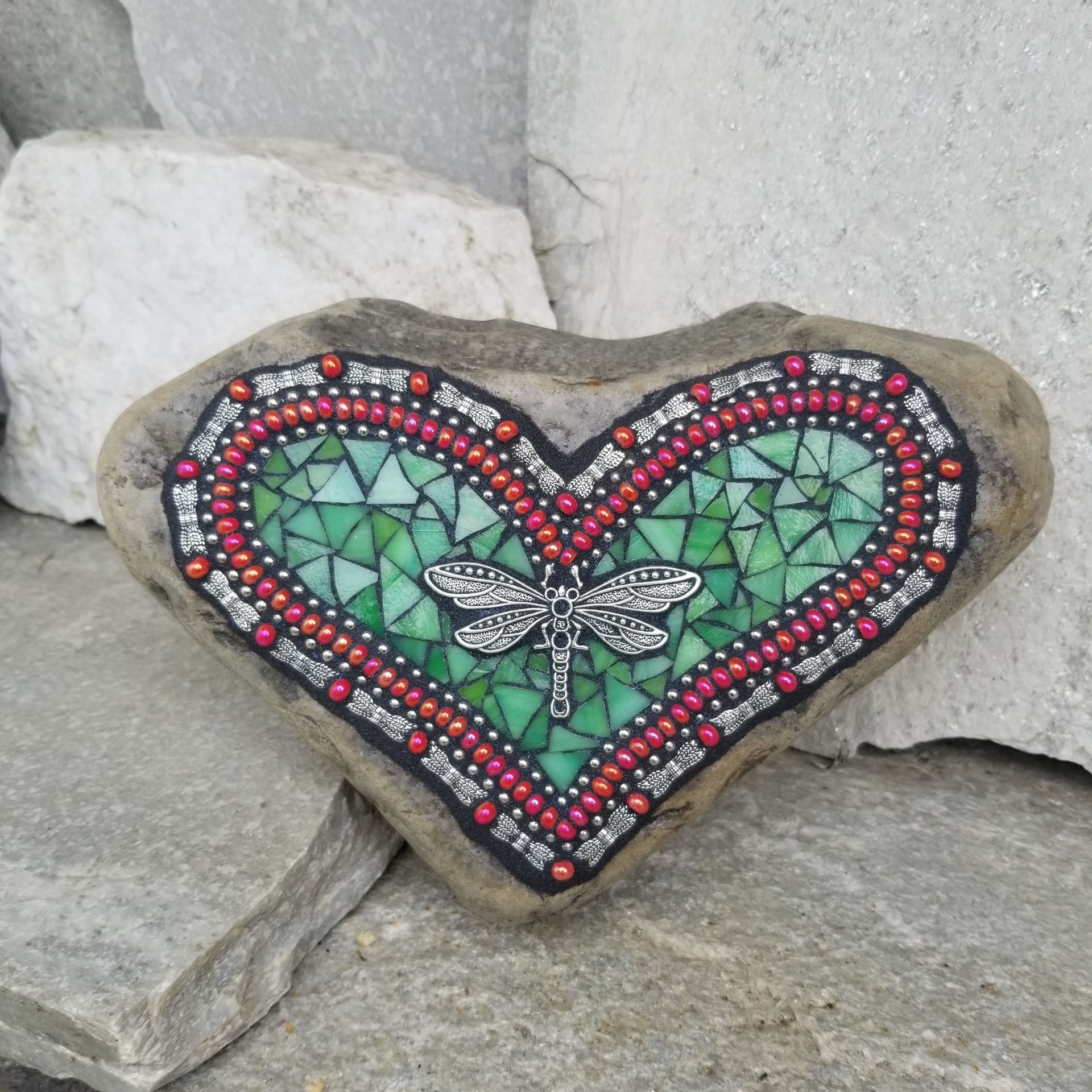 Dragonfly Green Mosaic Heart Garden Stone  