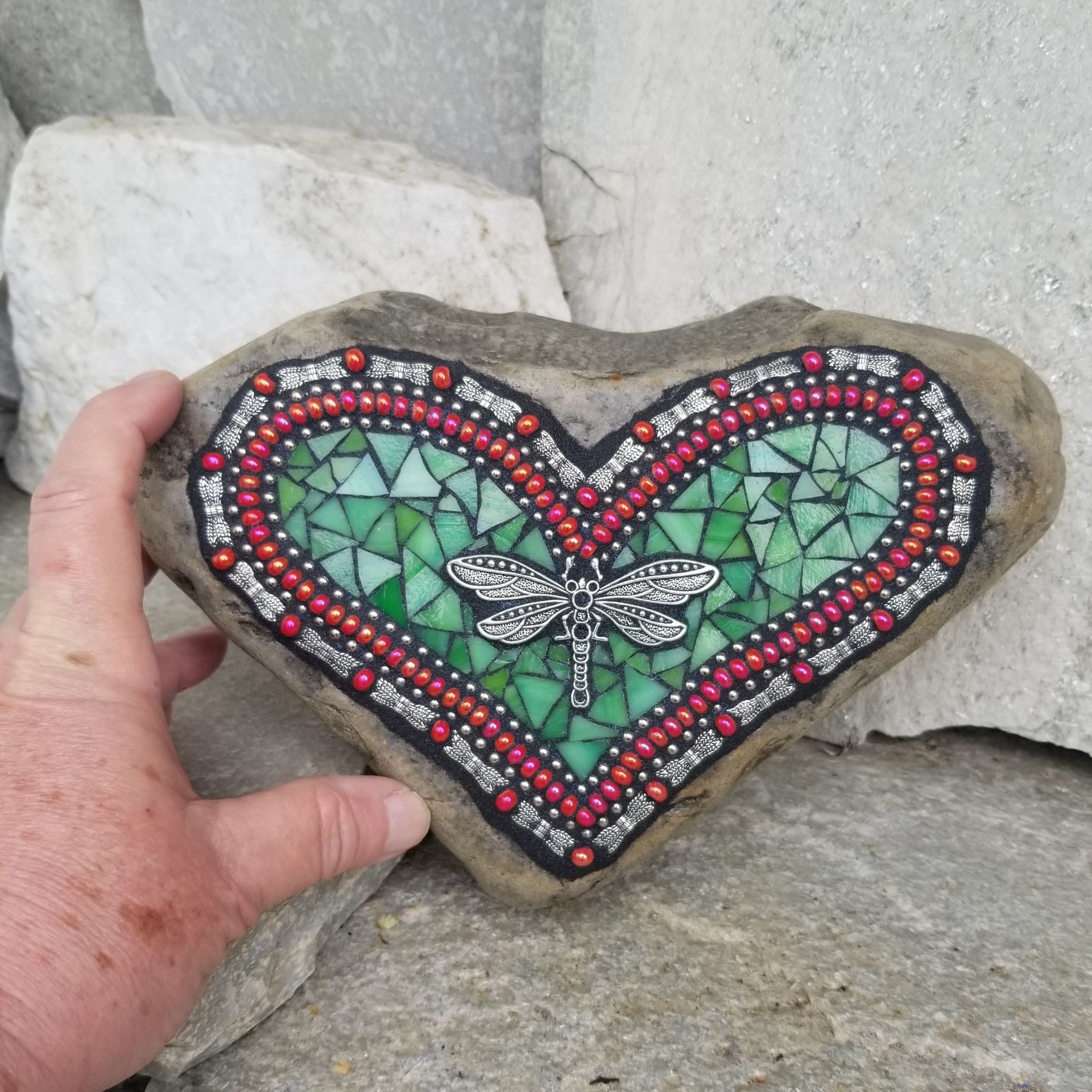 Dragonfly Green Mosaic Heart Garden Stone  