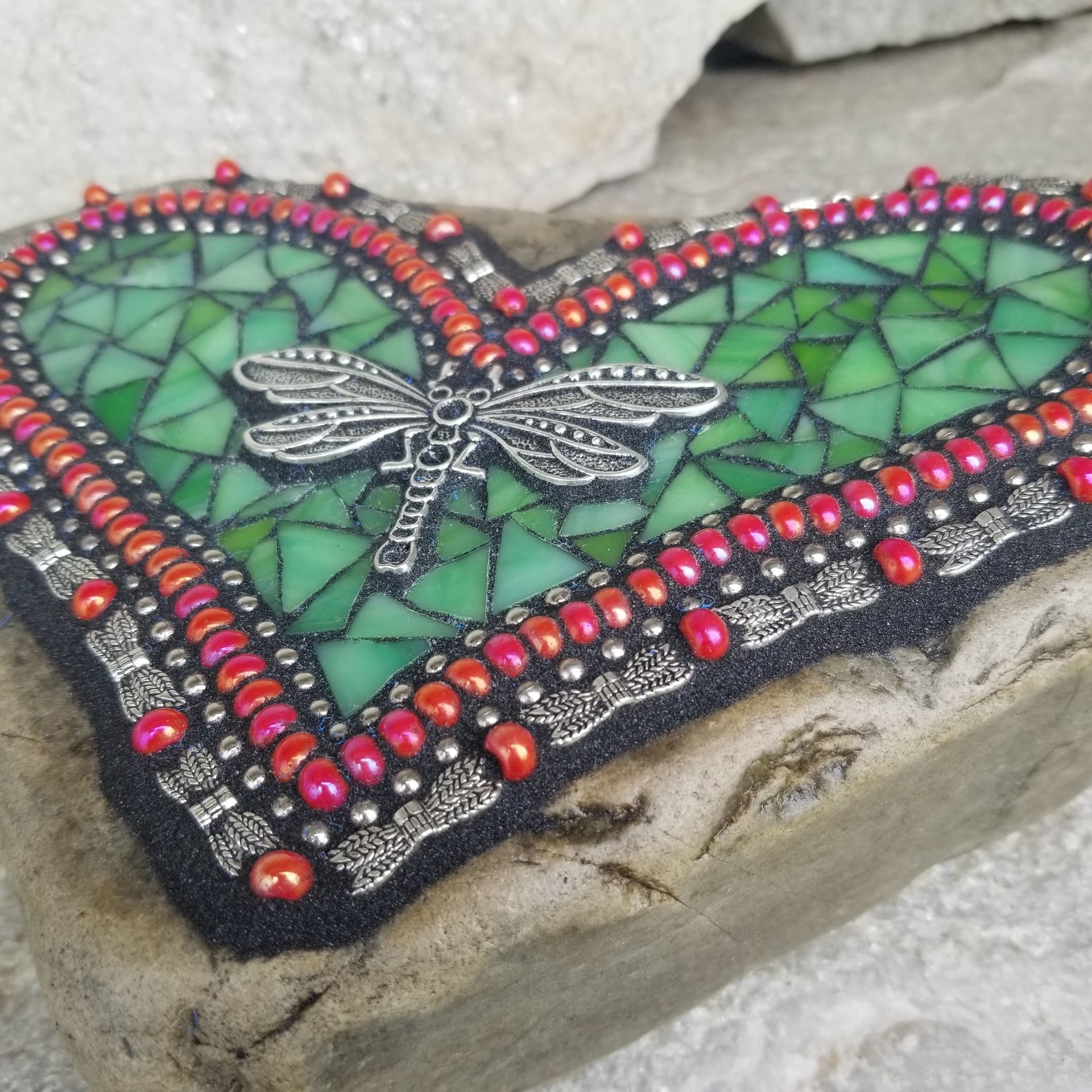 Dragonfly Green Mosaic Heart Garden Stone  