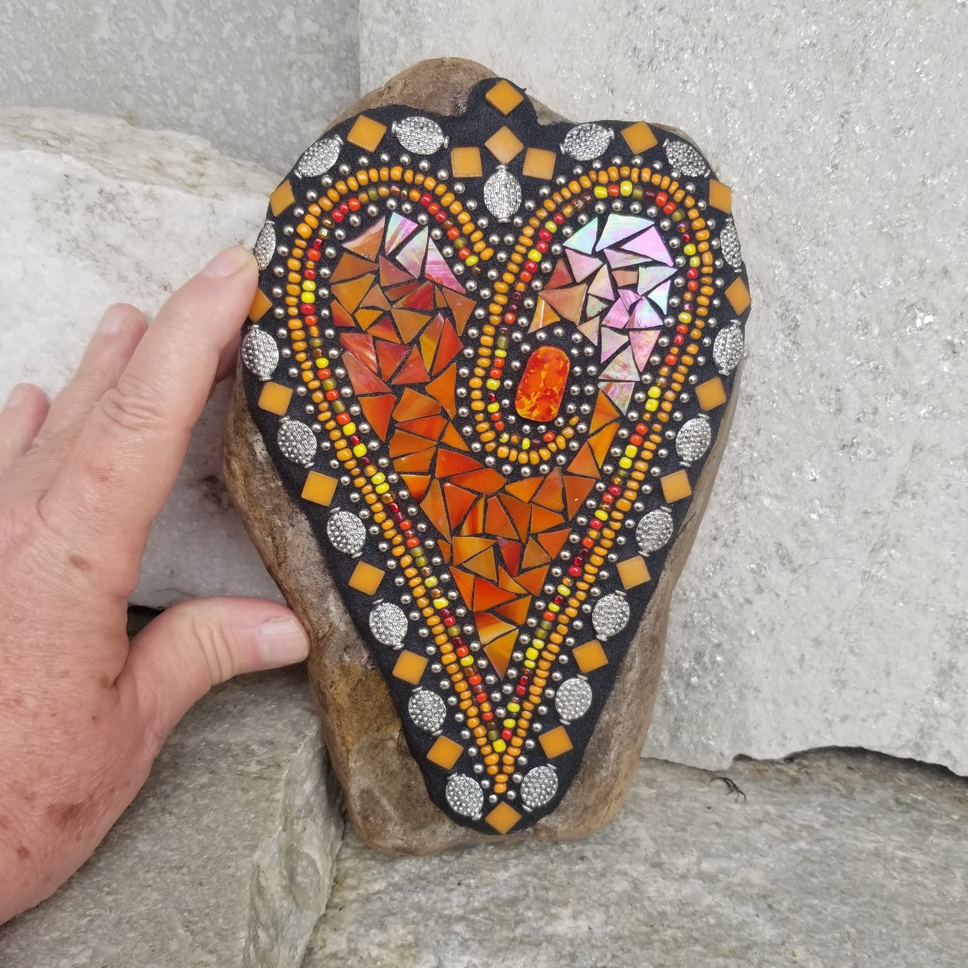 Orange Mosaic Heart Garden Stone 
