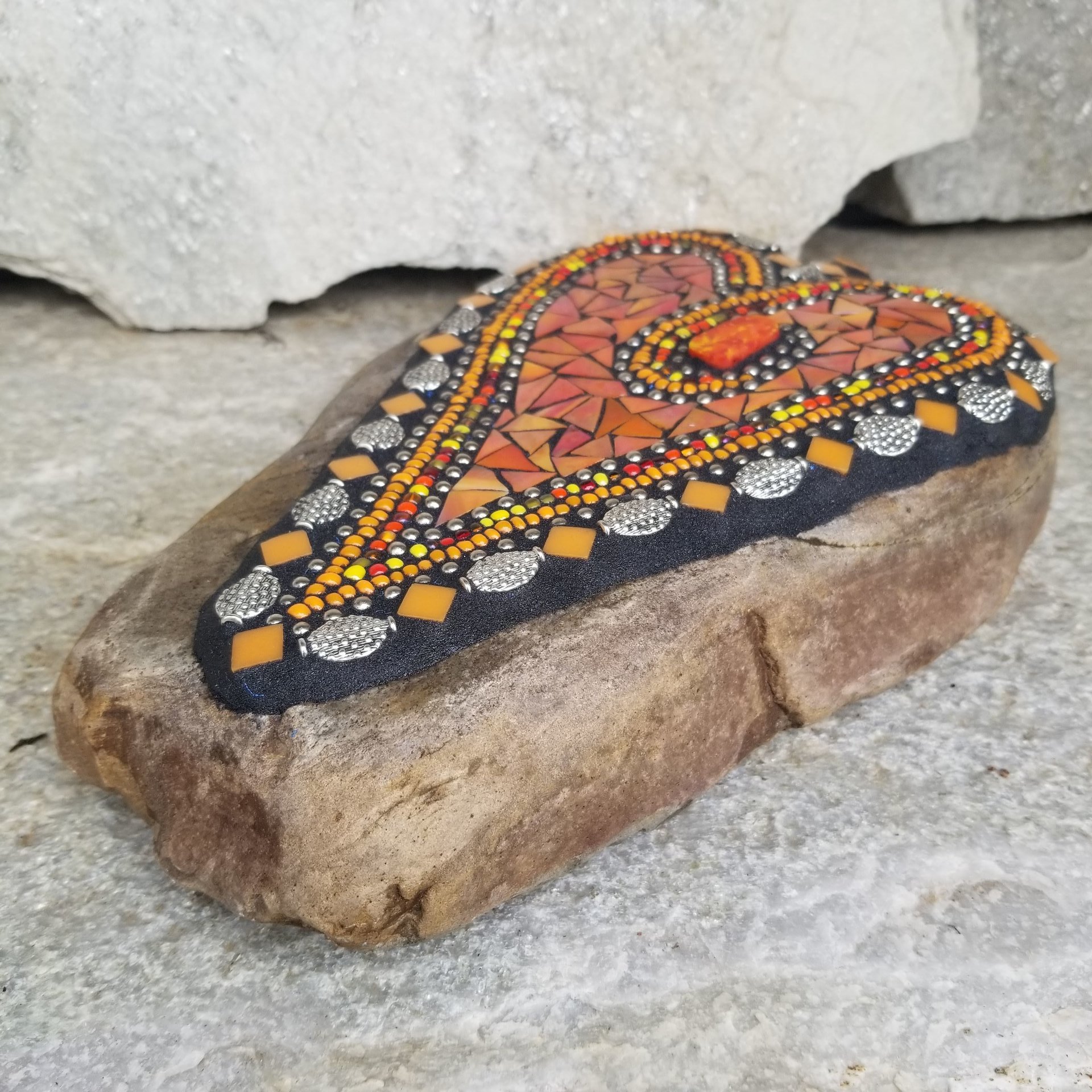Orange Mosaic Heart Garden Stone 