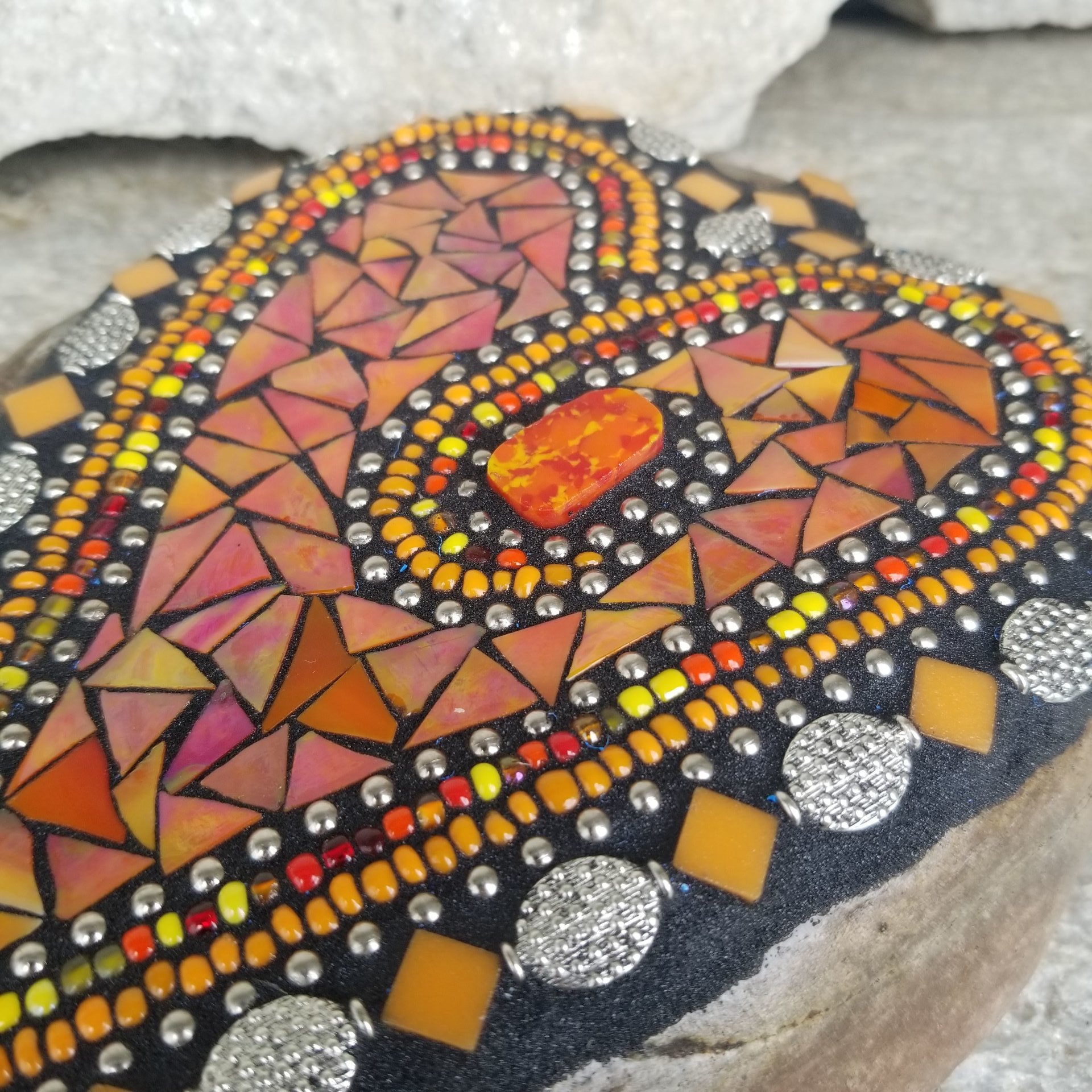 Orange Mosaic Heart Garden Stone 