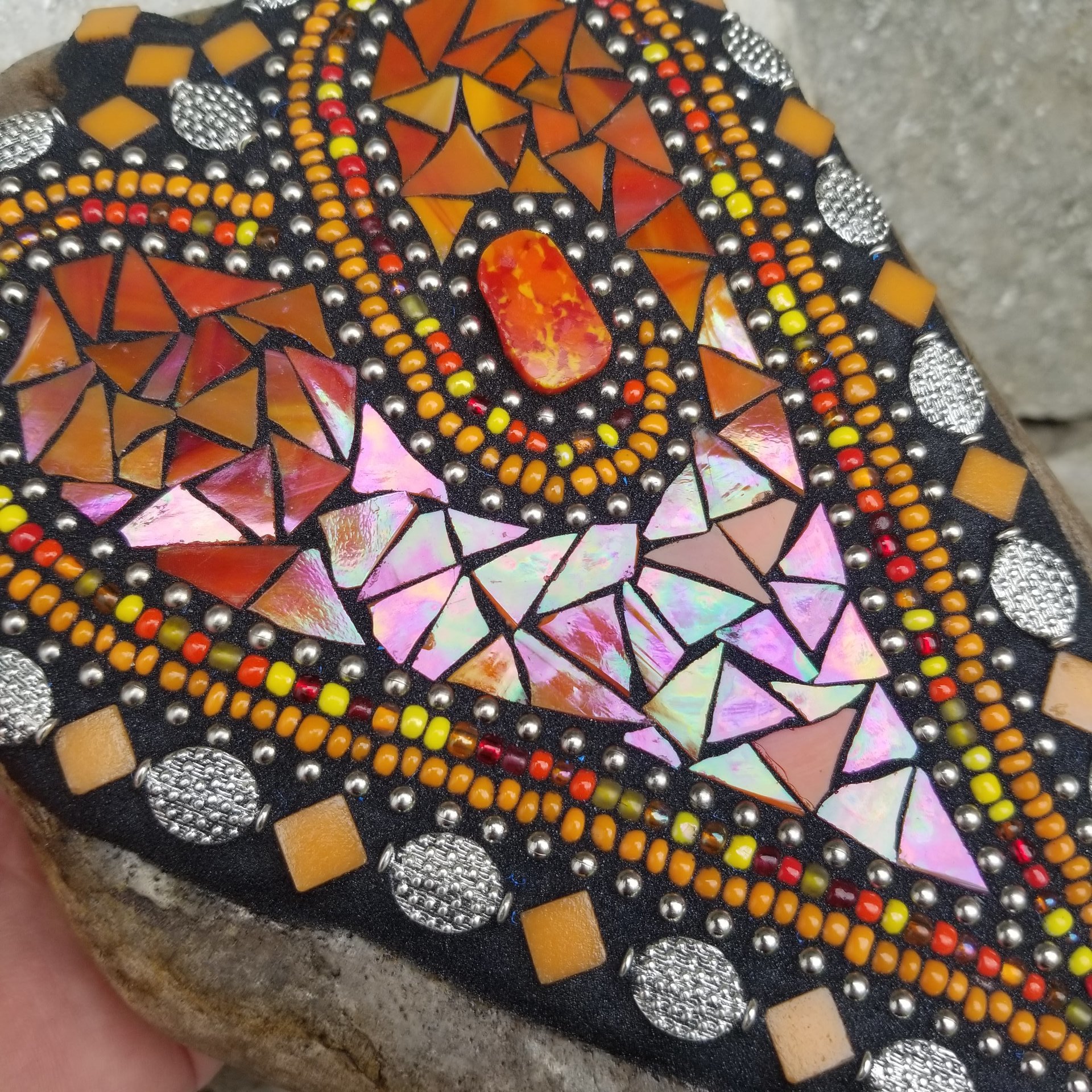 Orange Mosaic Heart Garden Stone 
