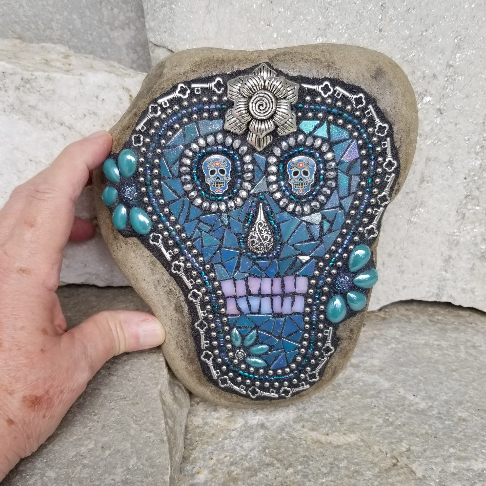 Blue Dia de los Muertos / Day of the Dead Skull Mosaic  Garden Stone  