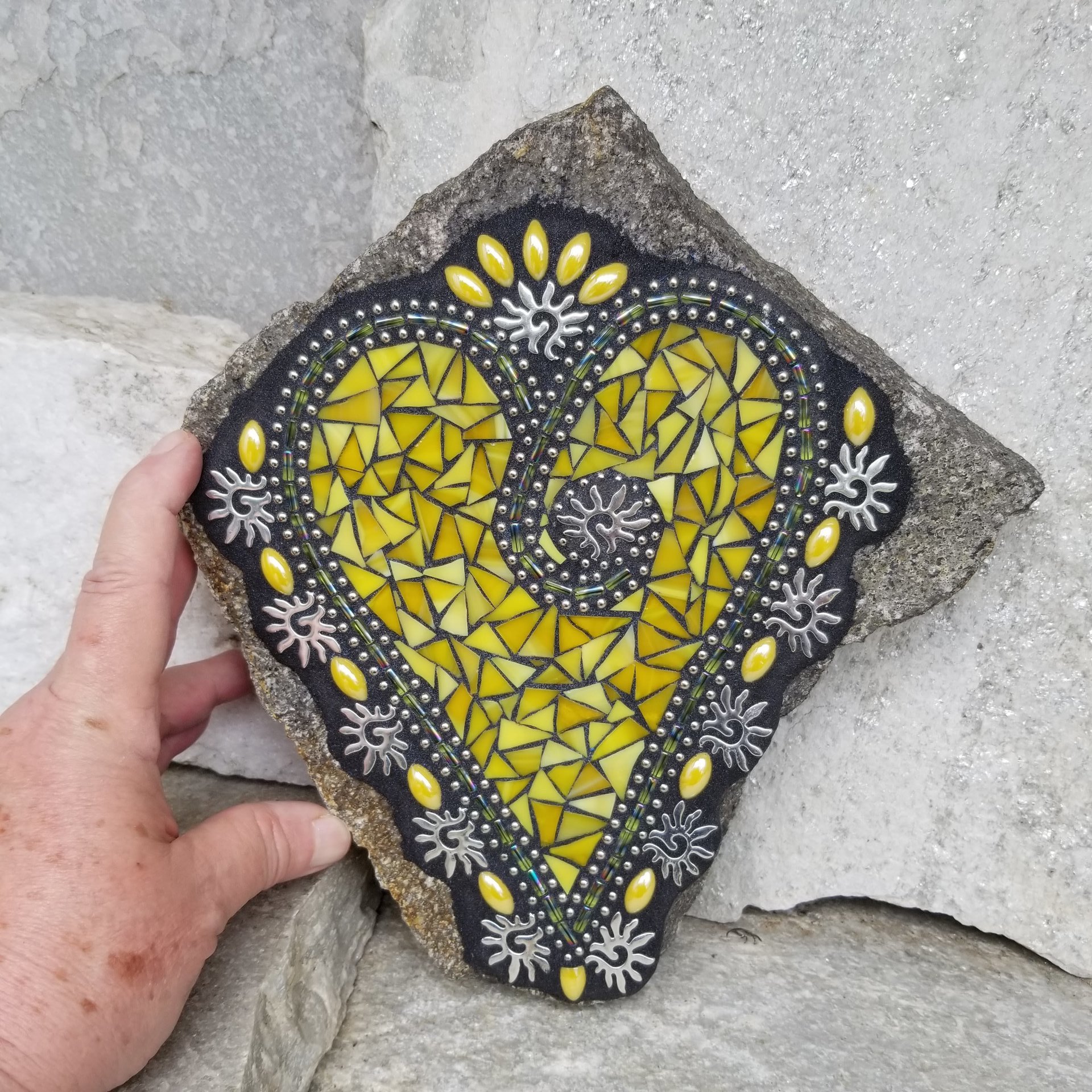 Sun Yellow Mosaic Heart Garden Stone, Mosaic Garden Decor  
