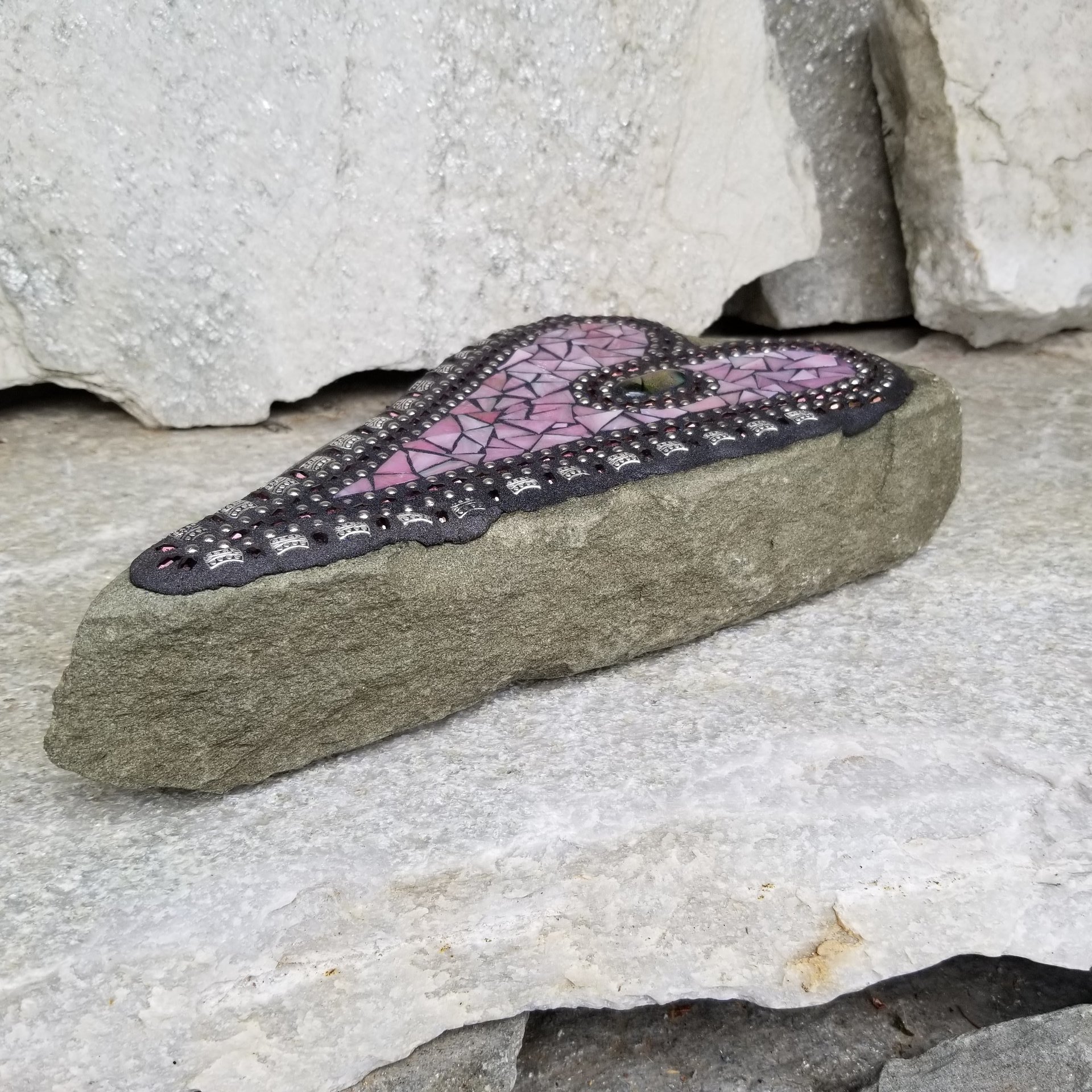  Pink Heart Mosaic Garden Stone