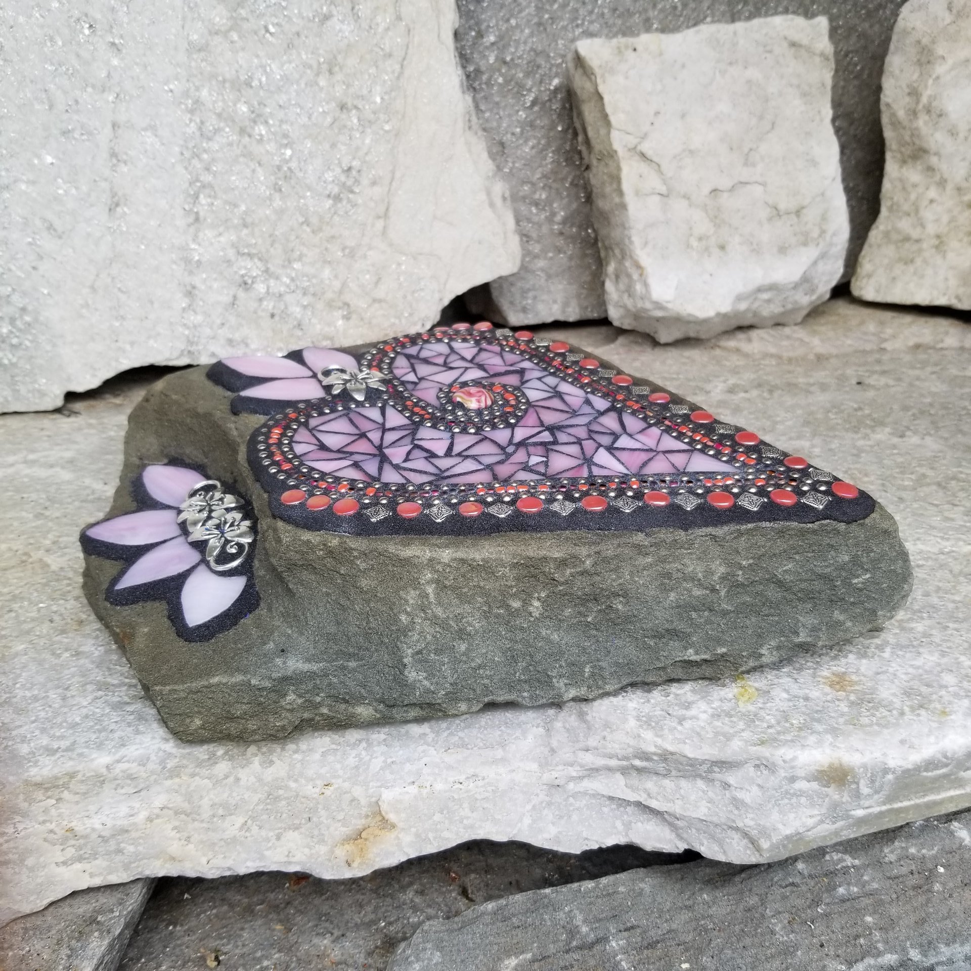 Sweet Pink Heart Mosaic Garden Stone