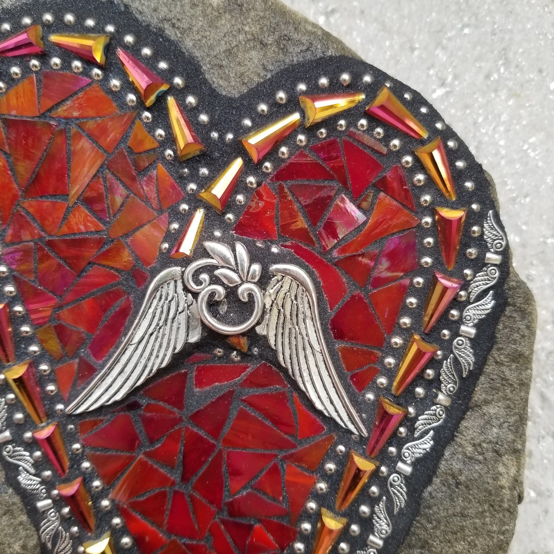 Iridescent Red Heart, Mosaic Garden Stone Angel Wing Heart