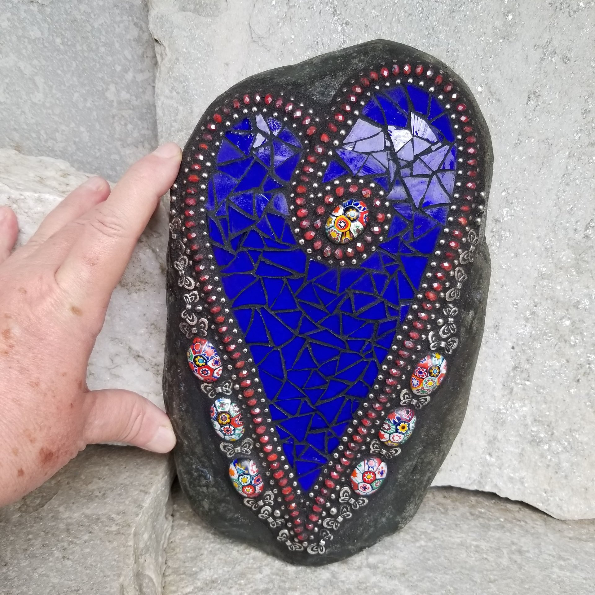  Dark Blue with Red Mosaic Heart Garden Stone  