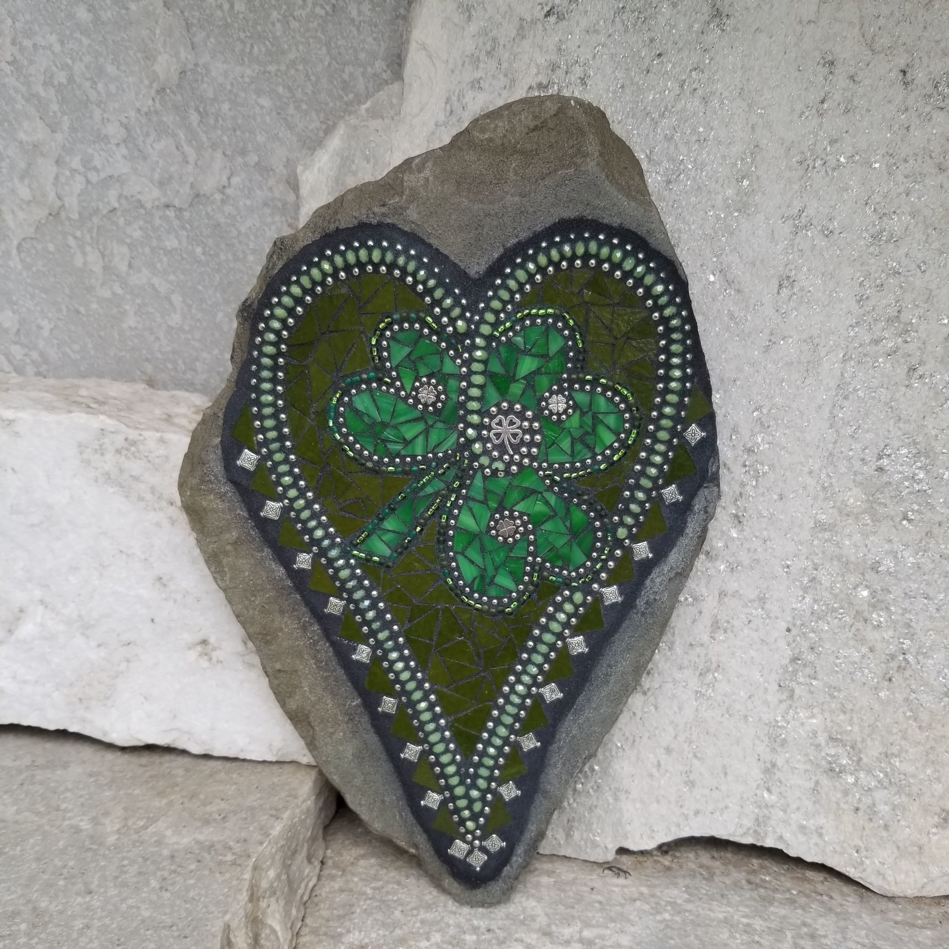 Green Clover Mosaic Heart Garden Stone