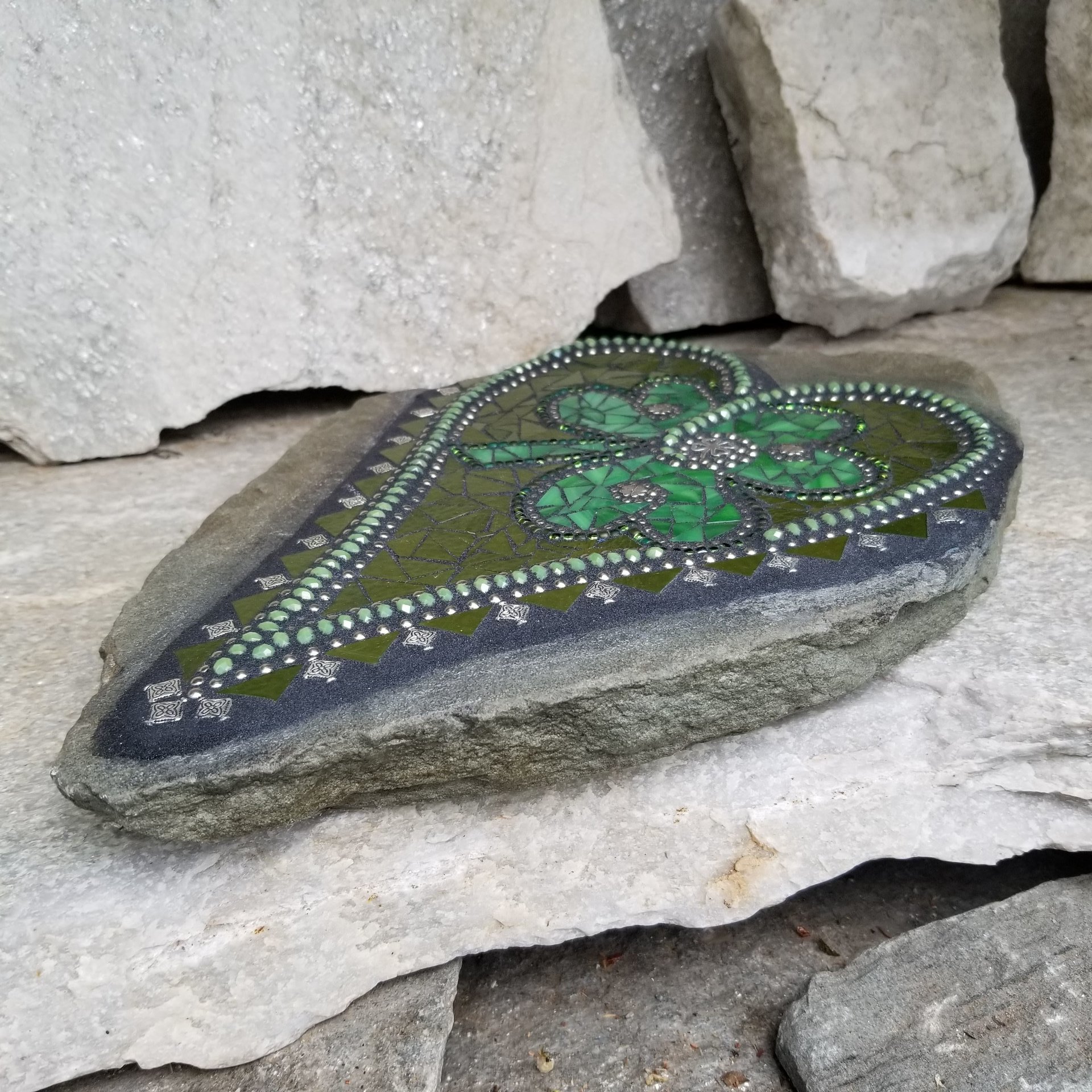 Green Clover Mosaic Heart Garden Stone