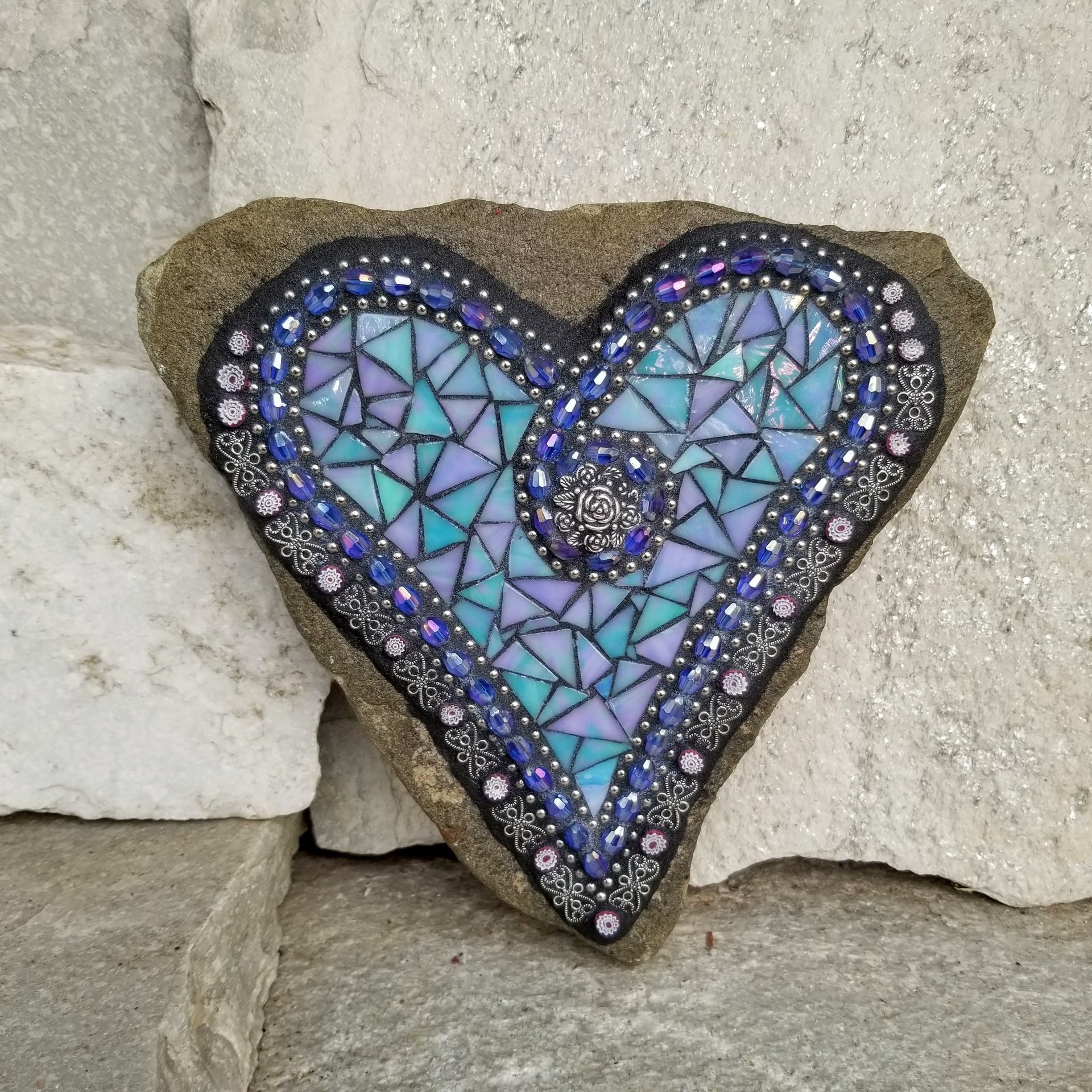 Iridescent Blue Mosaic Heart, Blue Flowers, Garden Stone
