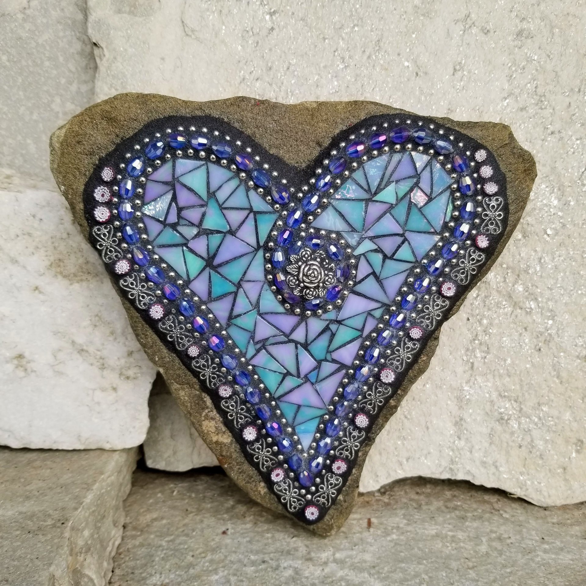 Iridescent Blue Mosaic Heart, Blue Flowers, Garden Stone
