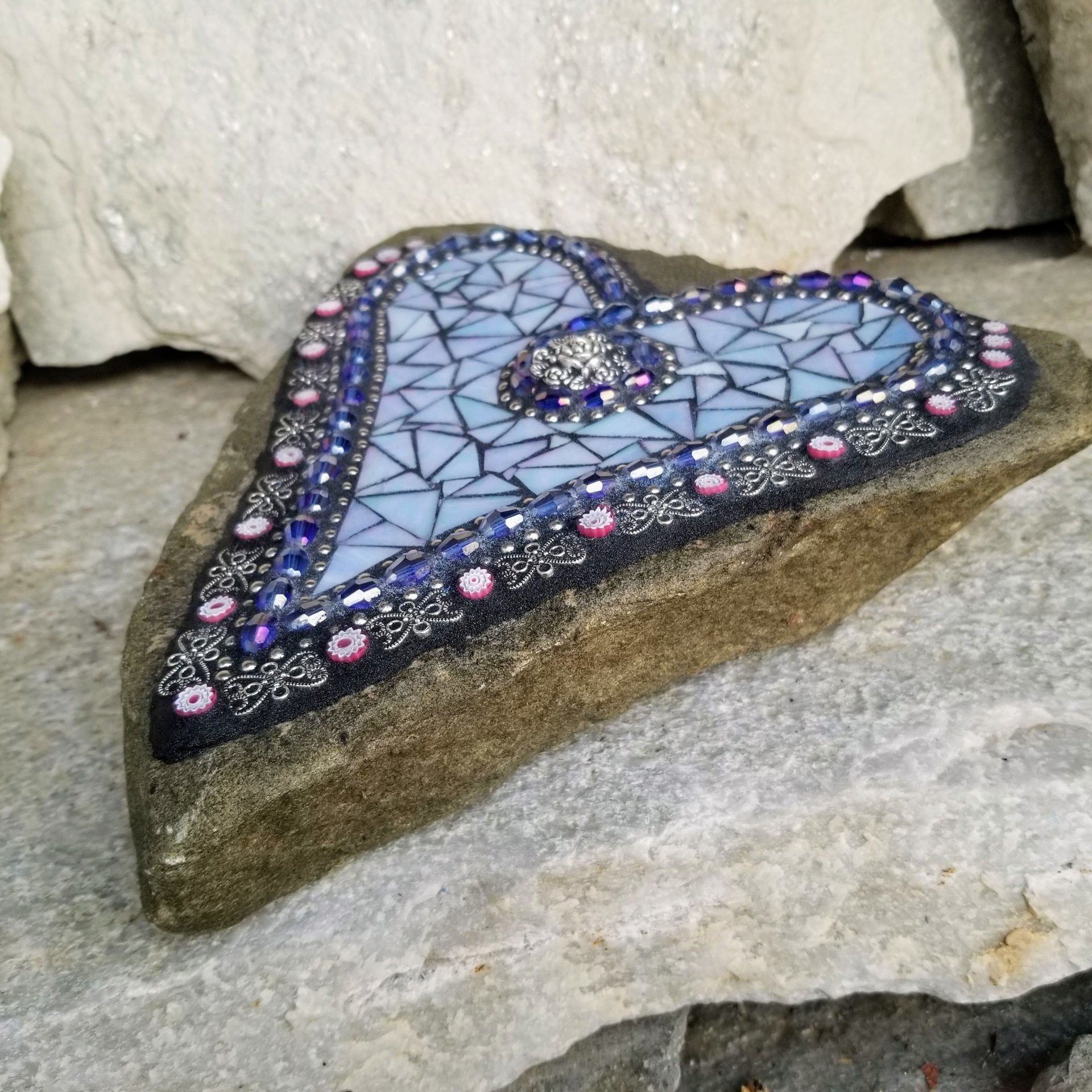 Iridescent Blue Mosaic Heart, Blue Flowers, Garden Stone