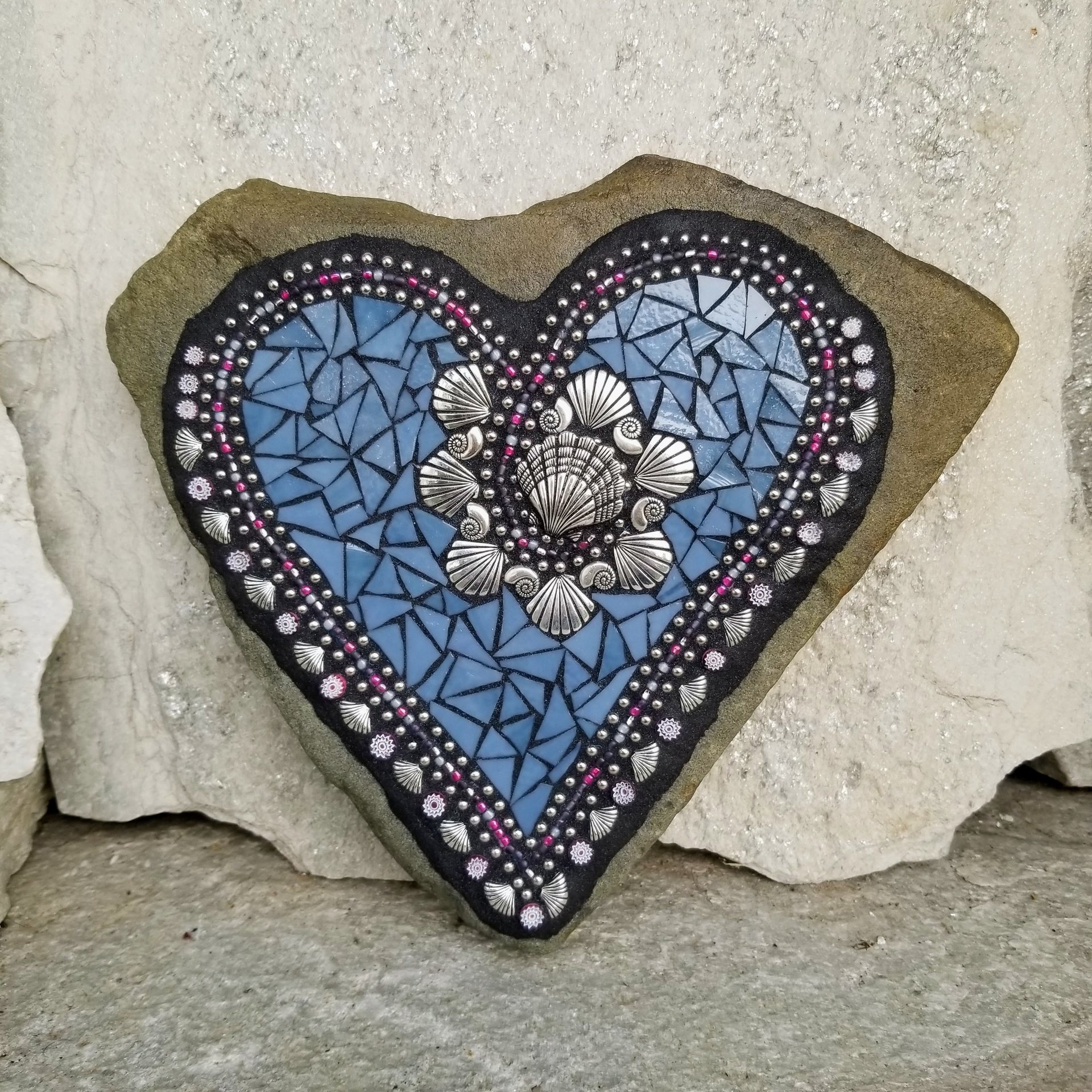 Medium Blue Mosaic Heart with Sea Shells Garden Stone