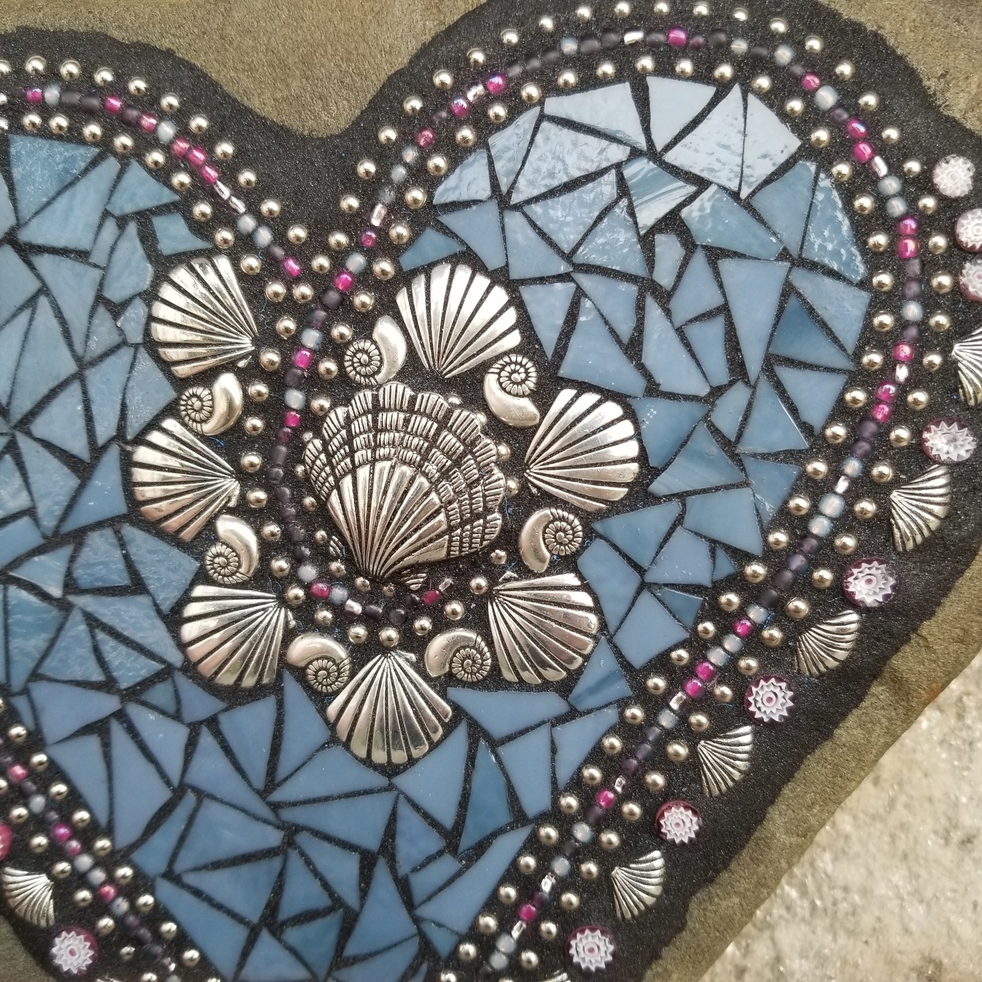 Medium Blue Mosaic Heart with Sea Shells Garden Stone