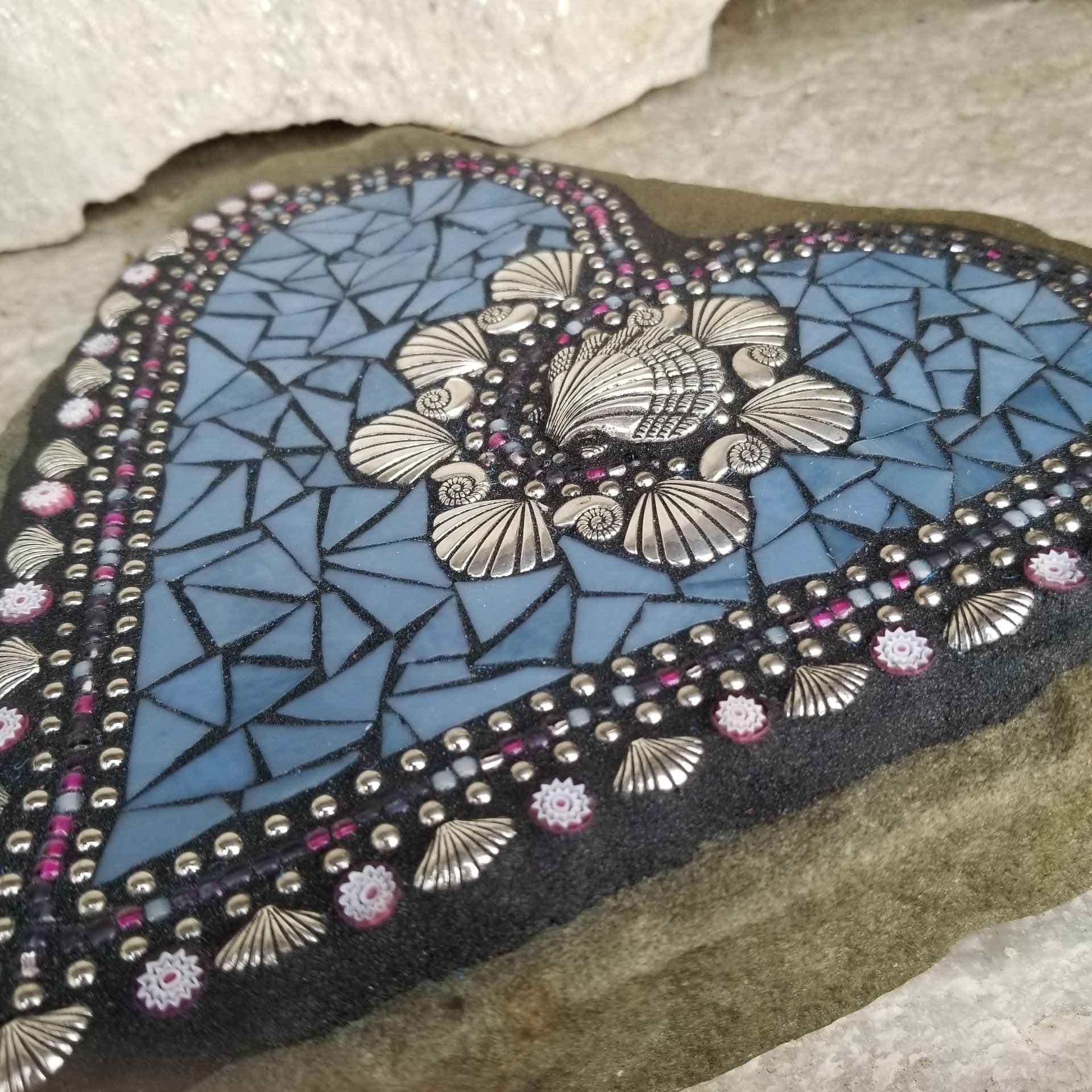 Medium Blue Mosaic Heart with Sea Shells Garden Stone