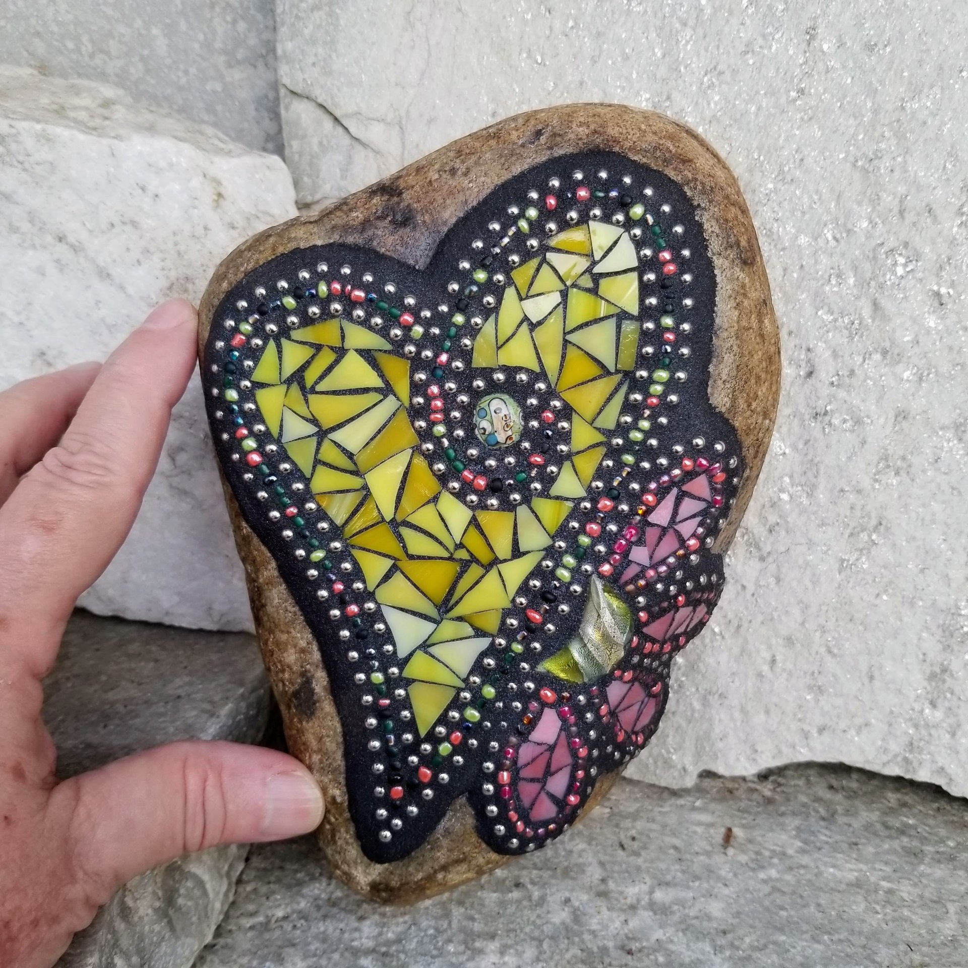 Yellow Heart w/ Pink Flower Mosaic Garden Stone