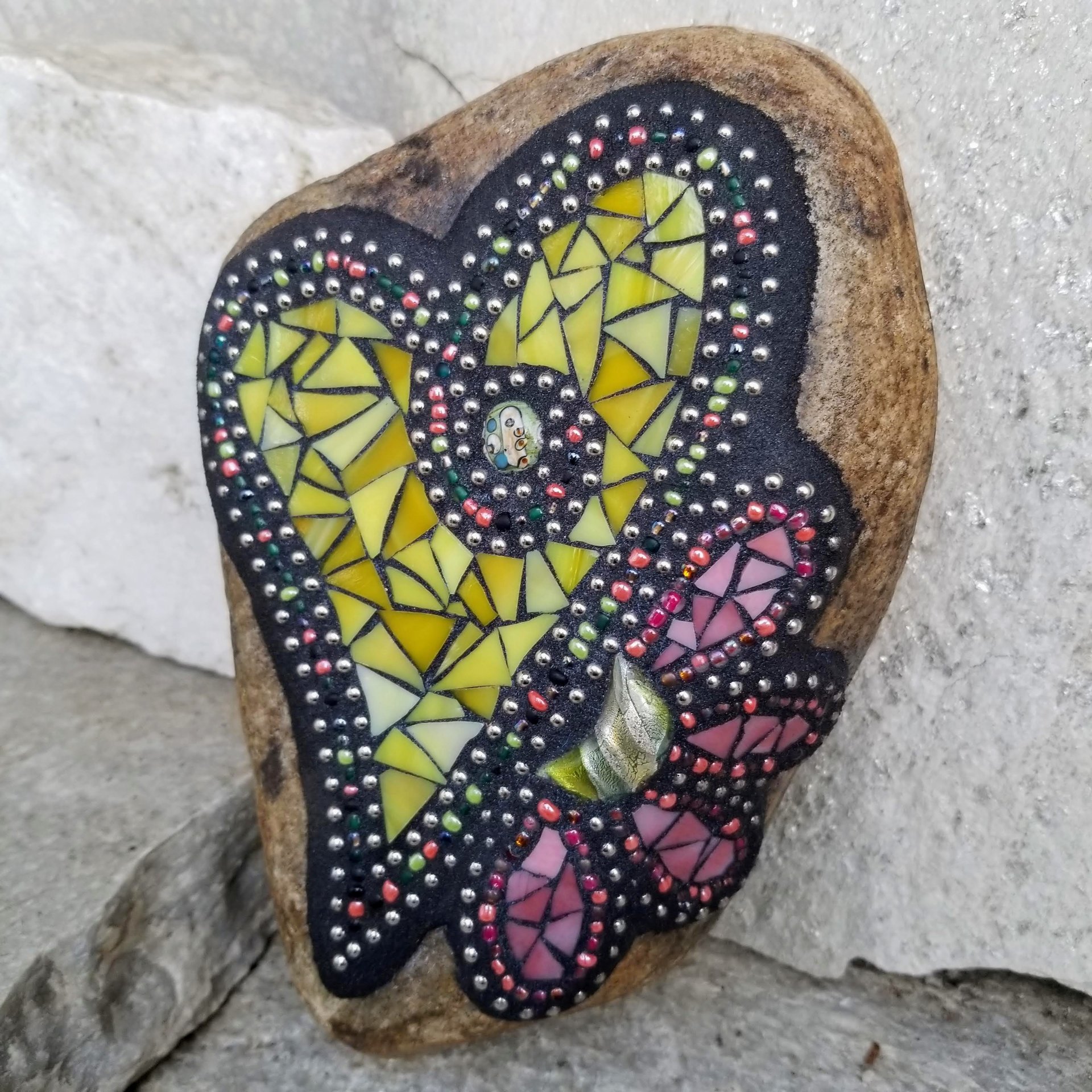Yellow Heart w/ Pink Flower Mosaic Garden Stone