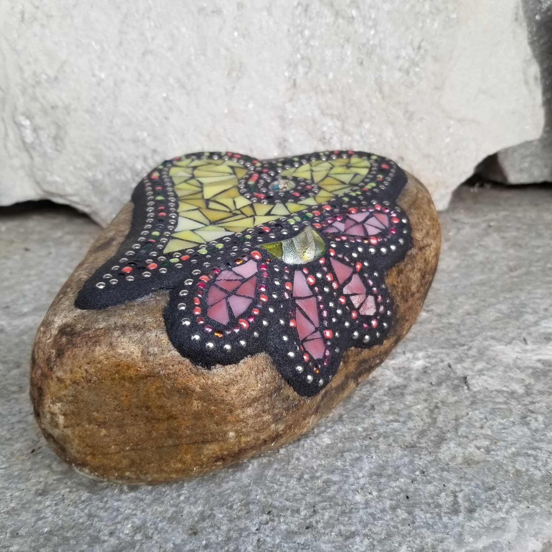 Yellow Heart w/ Pink Flower Mosaic Garden Stone