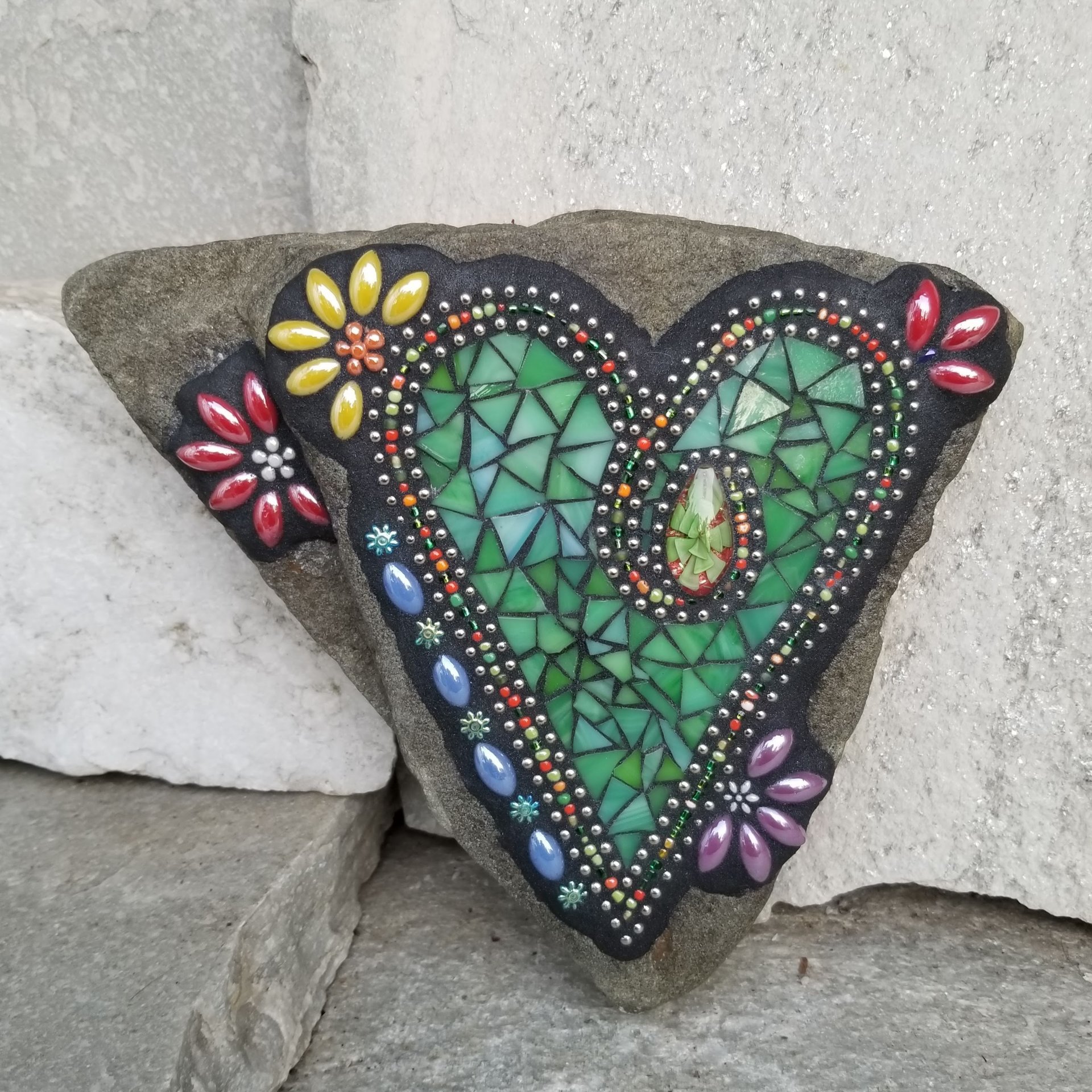  Green Heart Mosaic Garden Stone