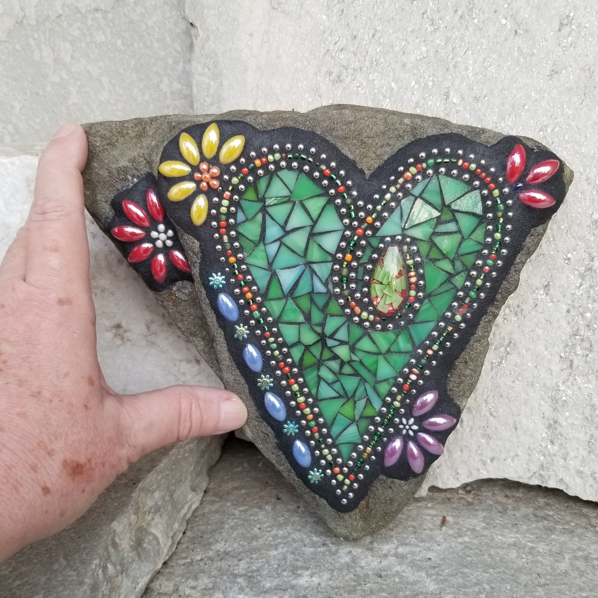  Green Heart Mosaic Garden Stone