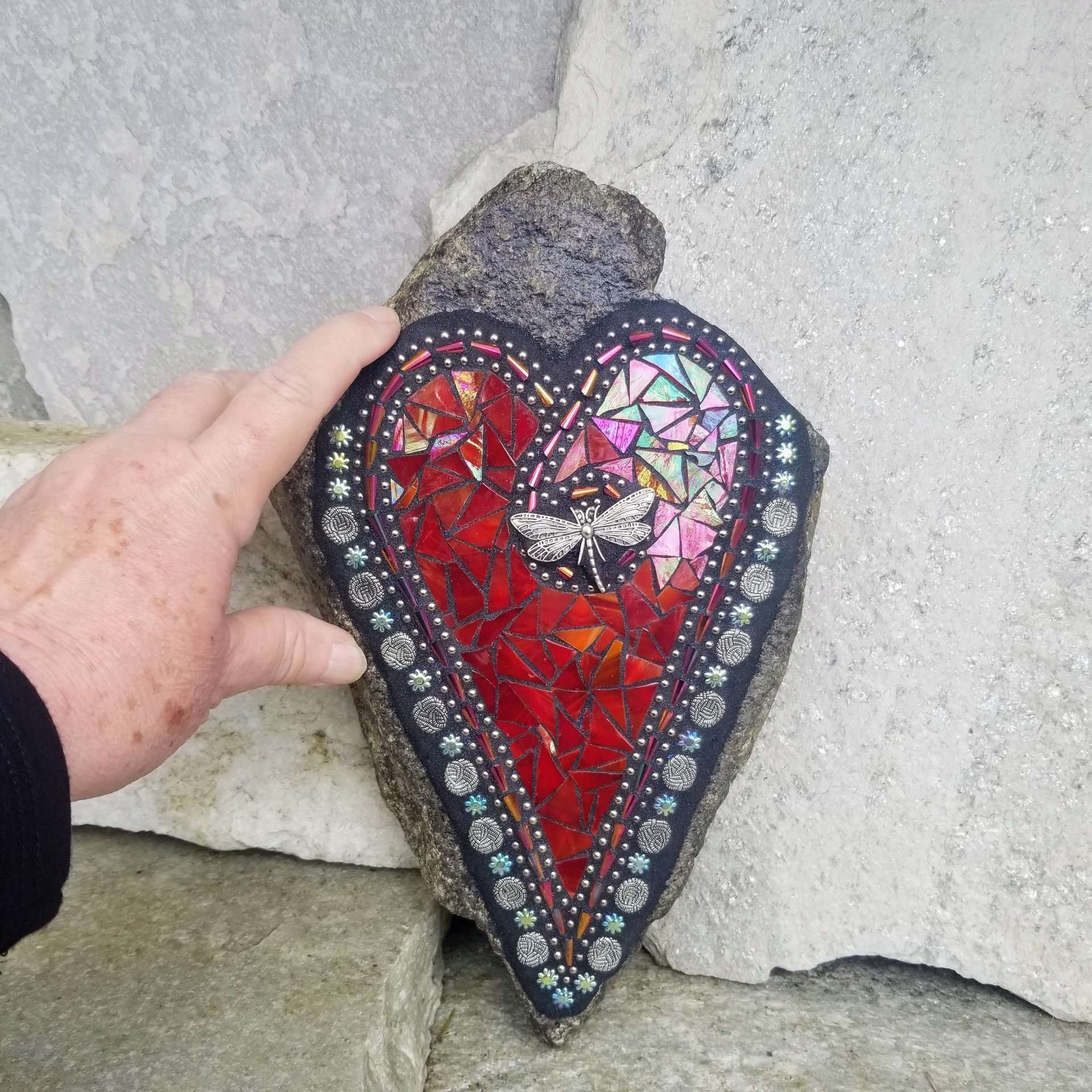 Iridescent Red Heart Mosaic Garden Stone with Dragonfly