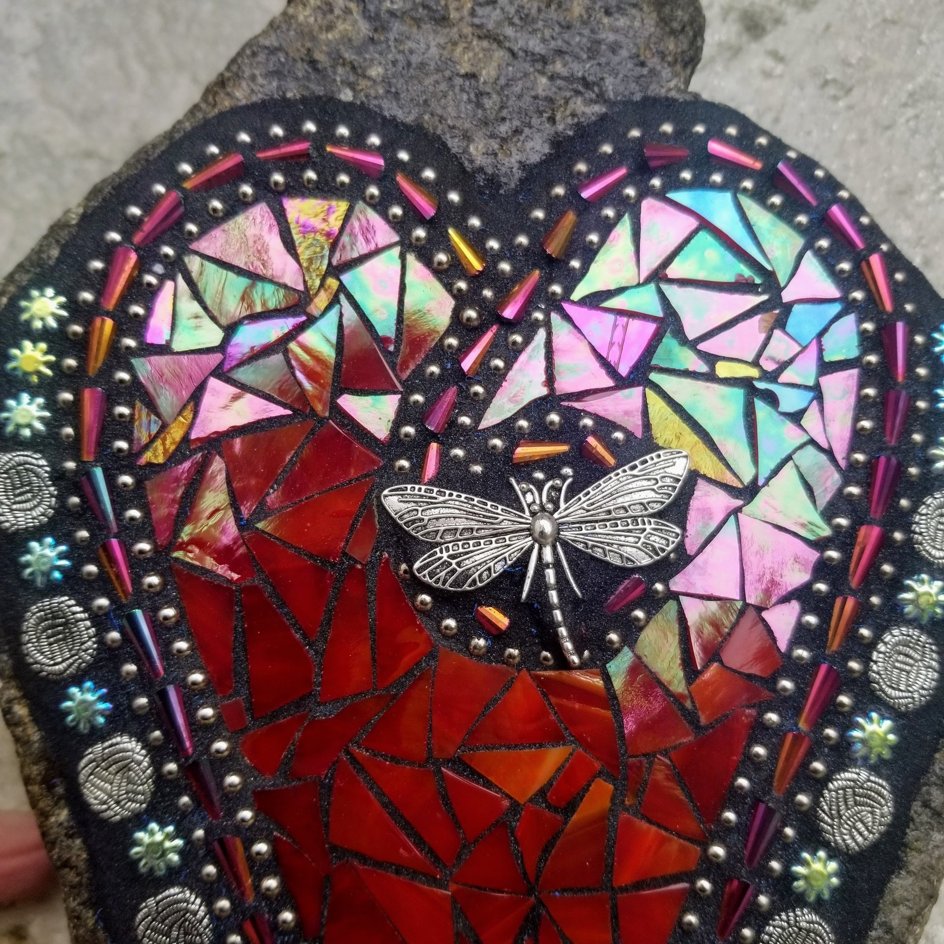 Iridescent Red Heart Mosaic Garden Stone with Dragonfly