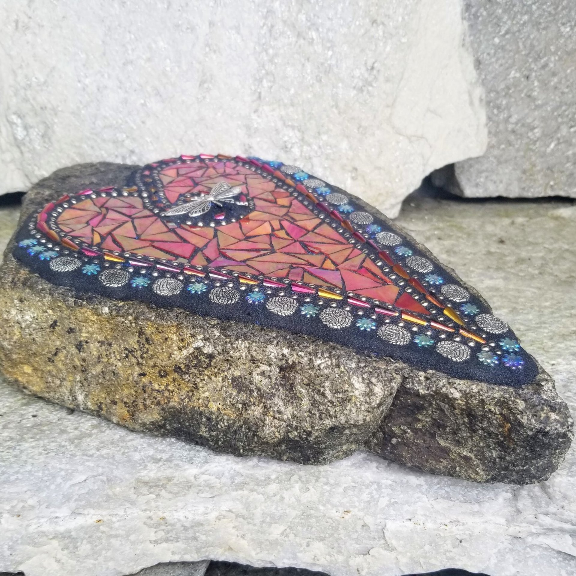 Iridescent Red Heart Mosaic Garden Stone with Dragonfly