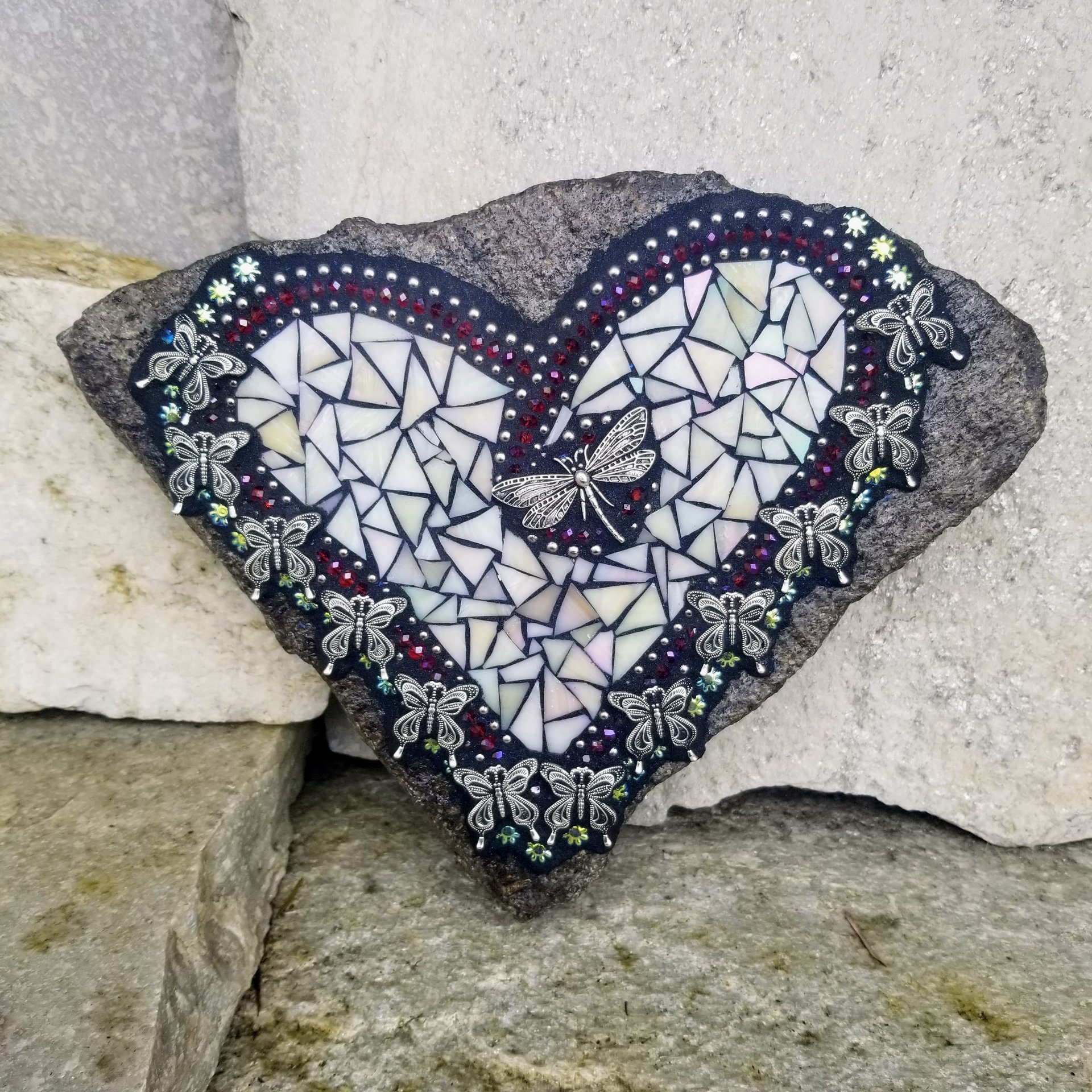Iridescent Cream Mosaic Heart Garden Stone w/Butterflies 