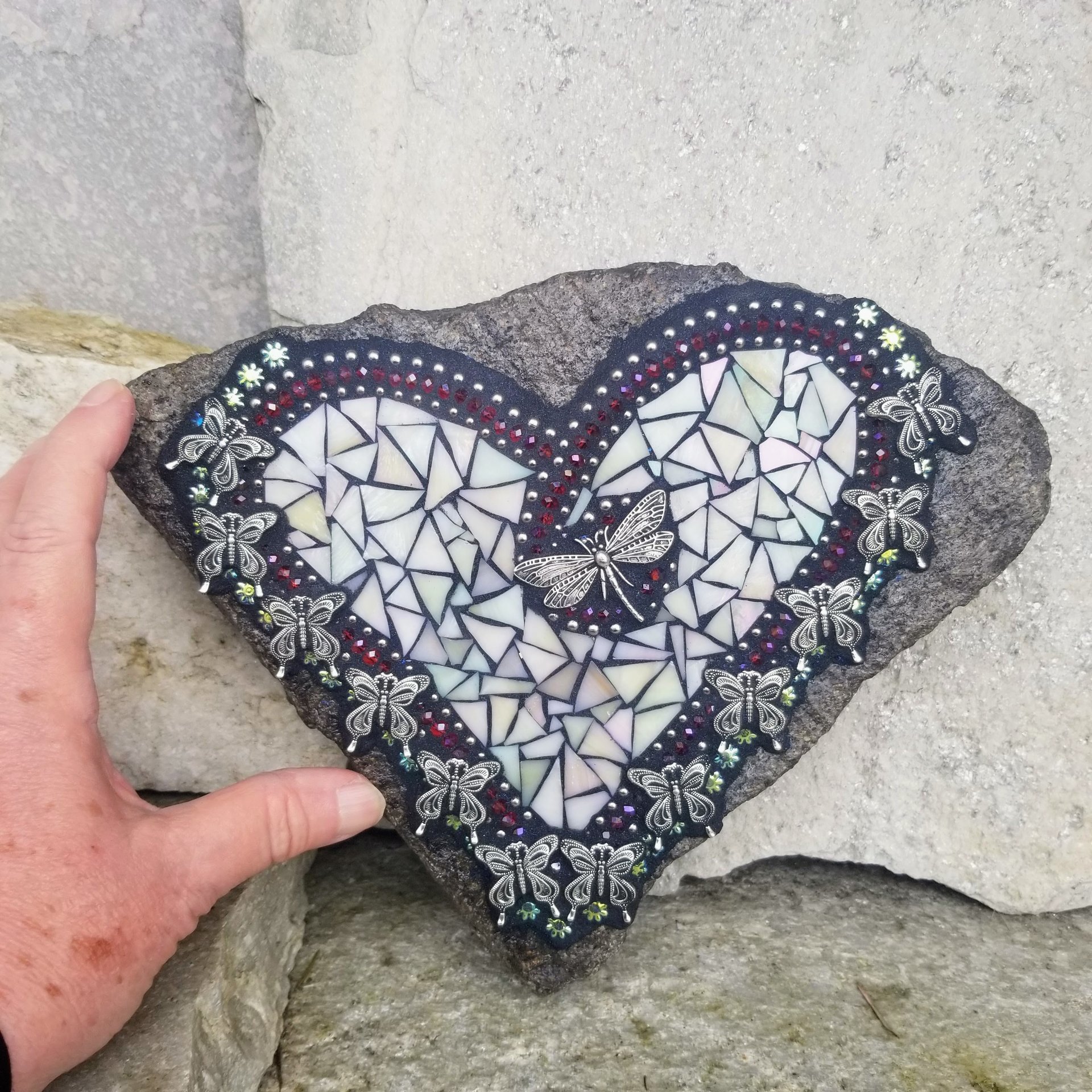 Iridescent Cream Mosaic Heart Garden Stone w/Butterflies 