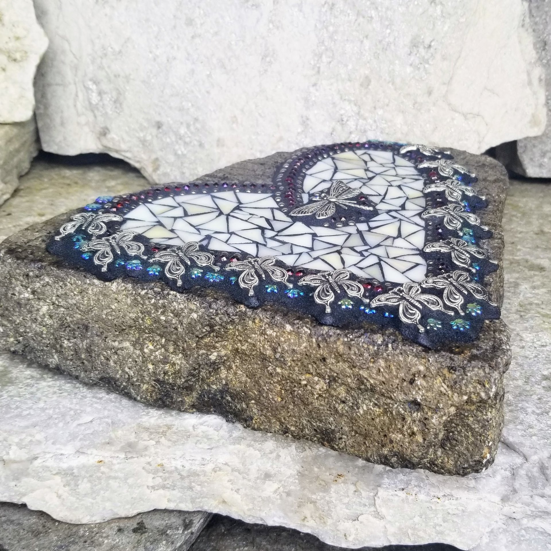 Iridescent Cream Mosaic Heart Garden Stone w/Butterflies 