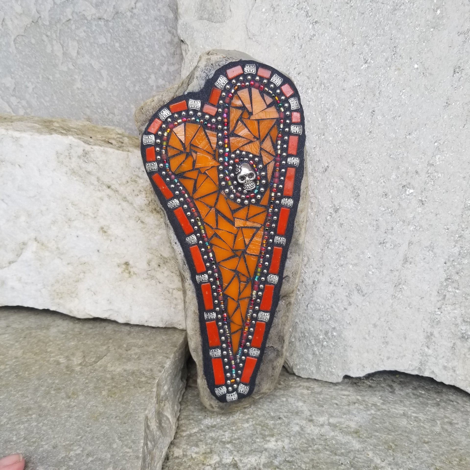 Orange Mosaic Heart Garden Stone w/Skull