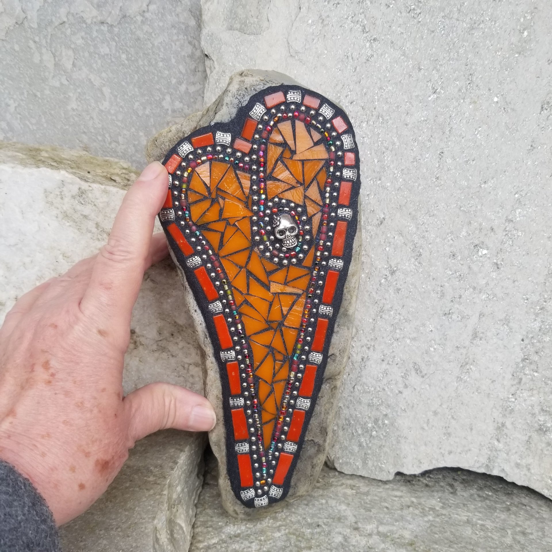 Orange Mosaic Heart Garden Stone w/Skull