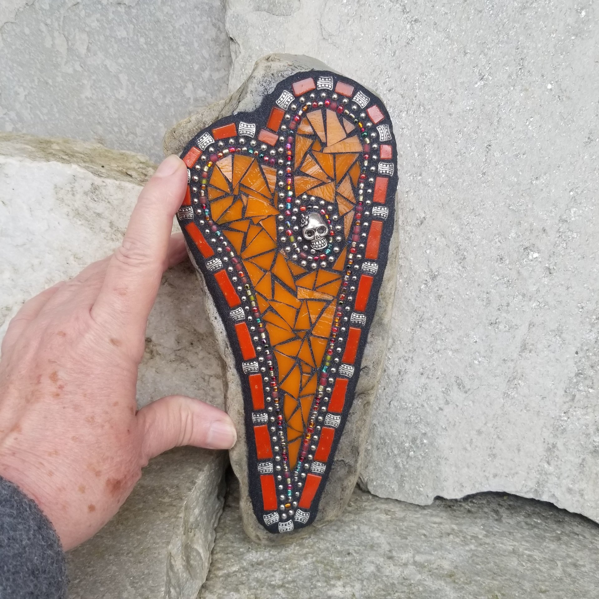 Orange Mosaic Heart Garden Stone w/Skull