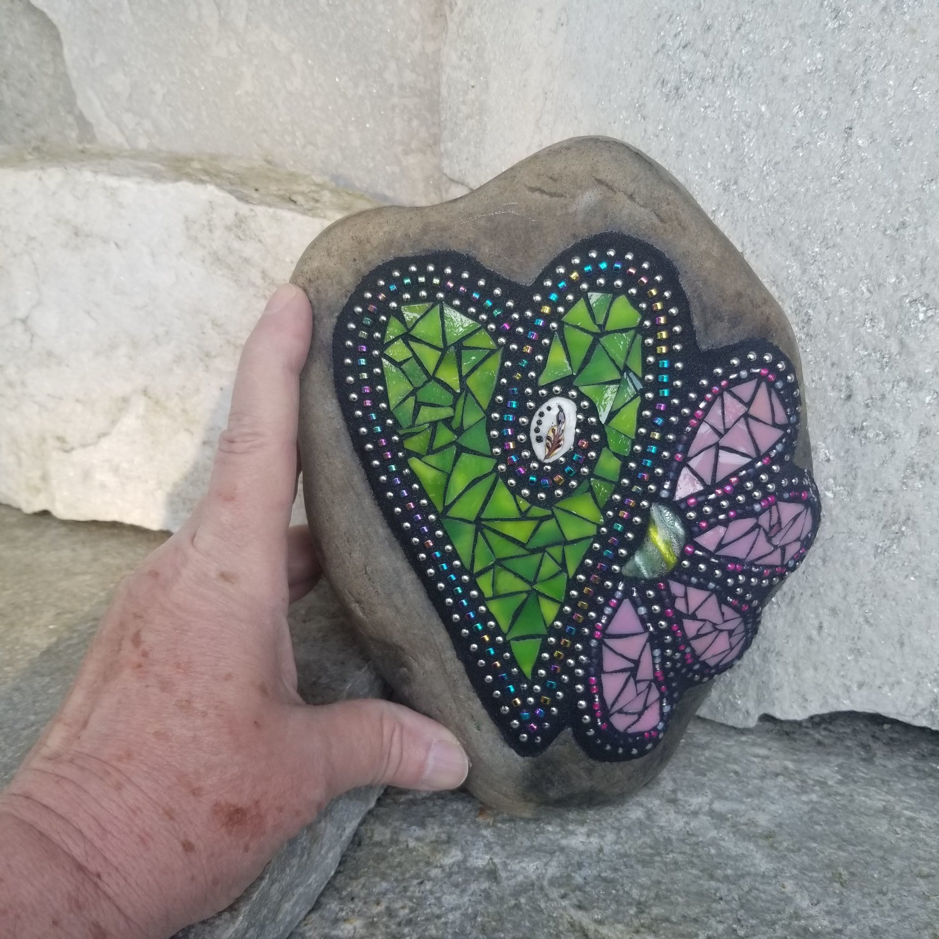  Green Heart w/ Pink Flower Mosaic Garden Stone