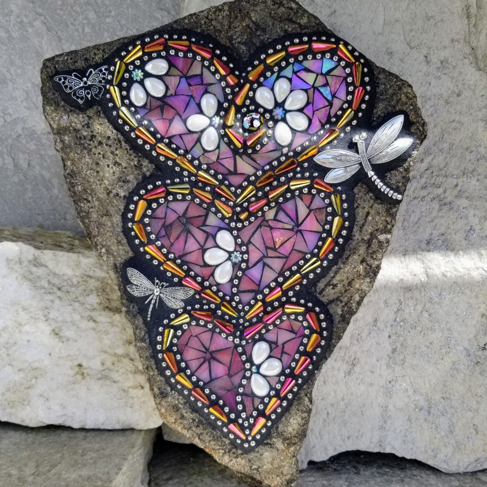 Large Iridescent Pink 3 Heart Mosaic Garden Stone