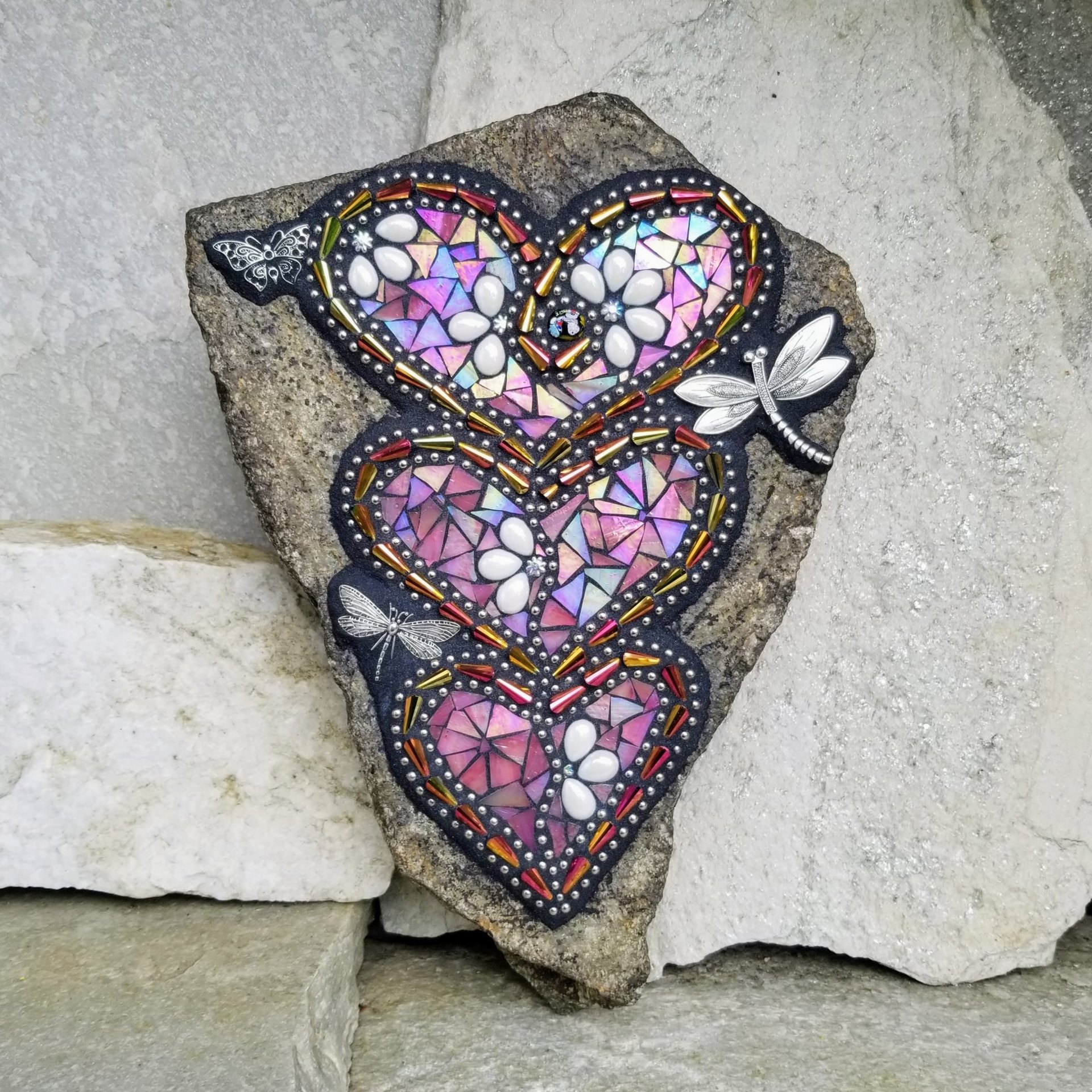 Large Iridescent Pink 3 Heart Mosaic Garden Stone