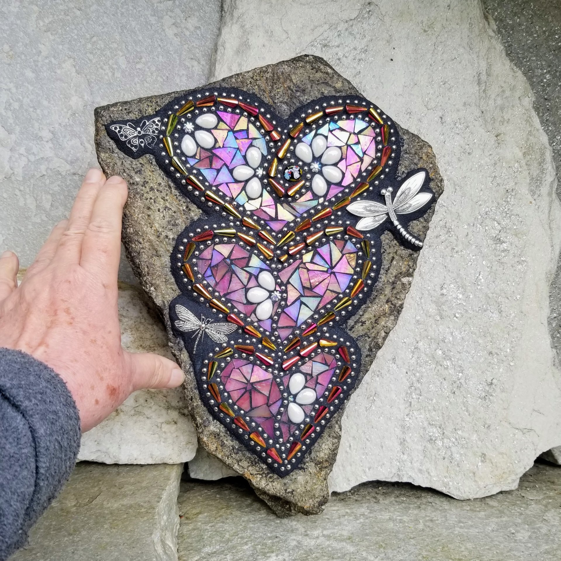 Large Iridescent Pink 3 Heart Mosaic Garden Stone