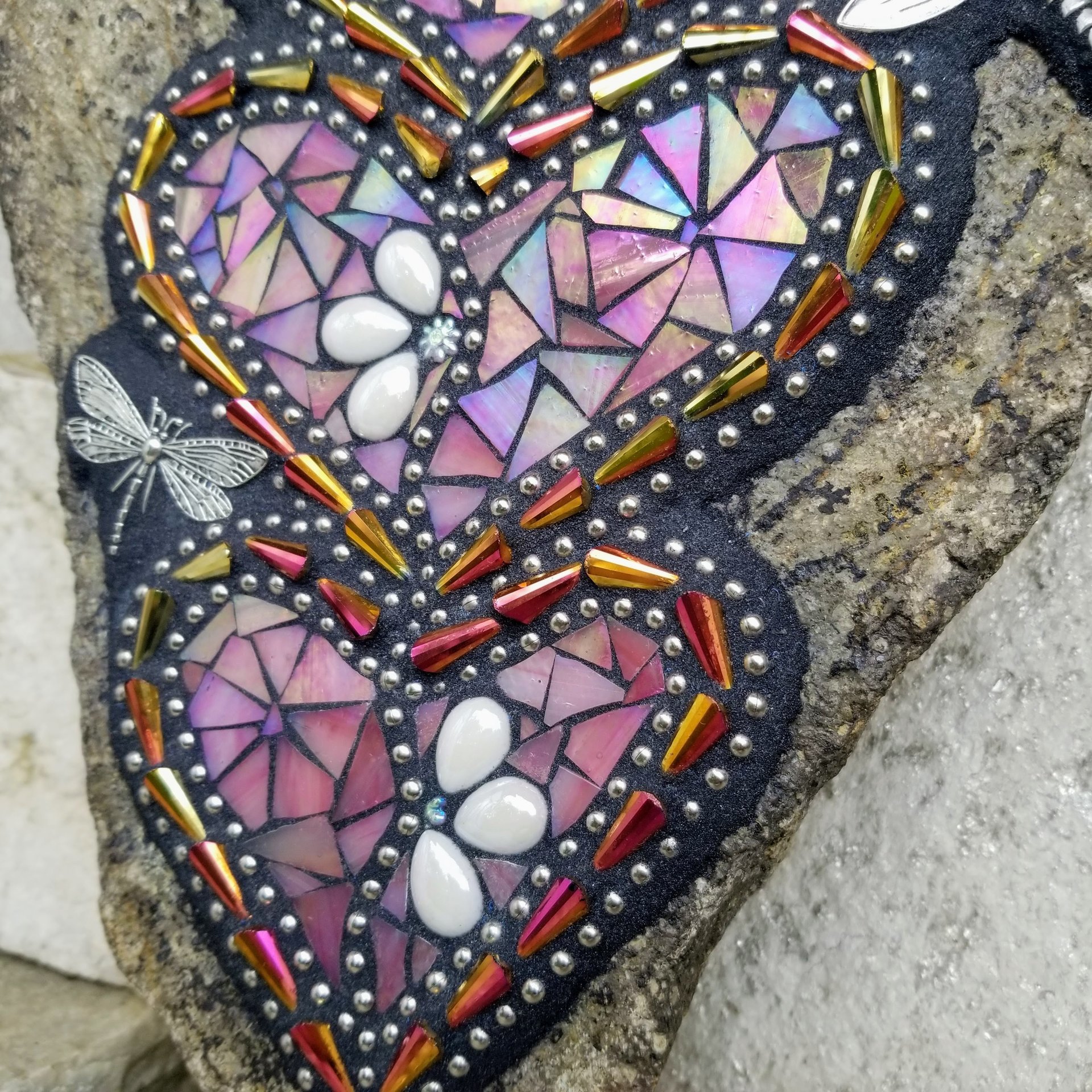 Large Iridescent Pink 3 Heart Mosaic Garden Stone